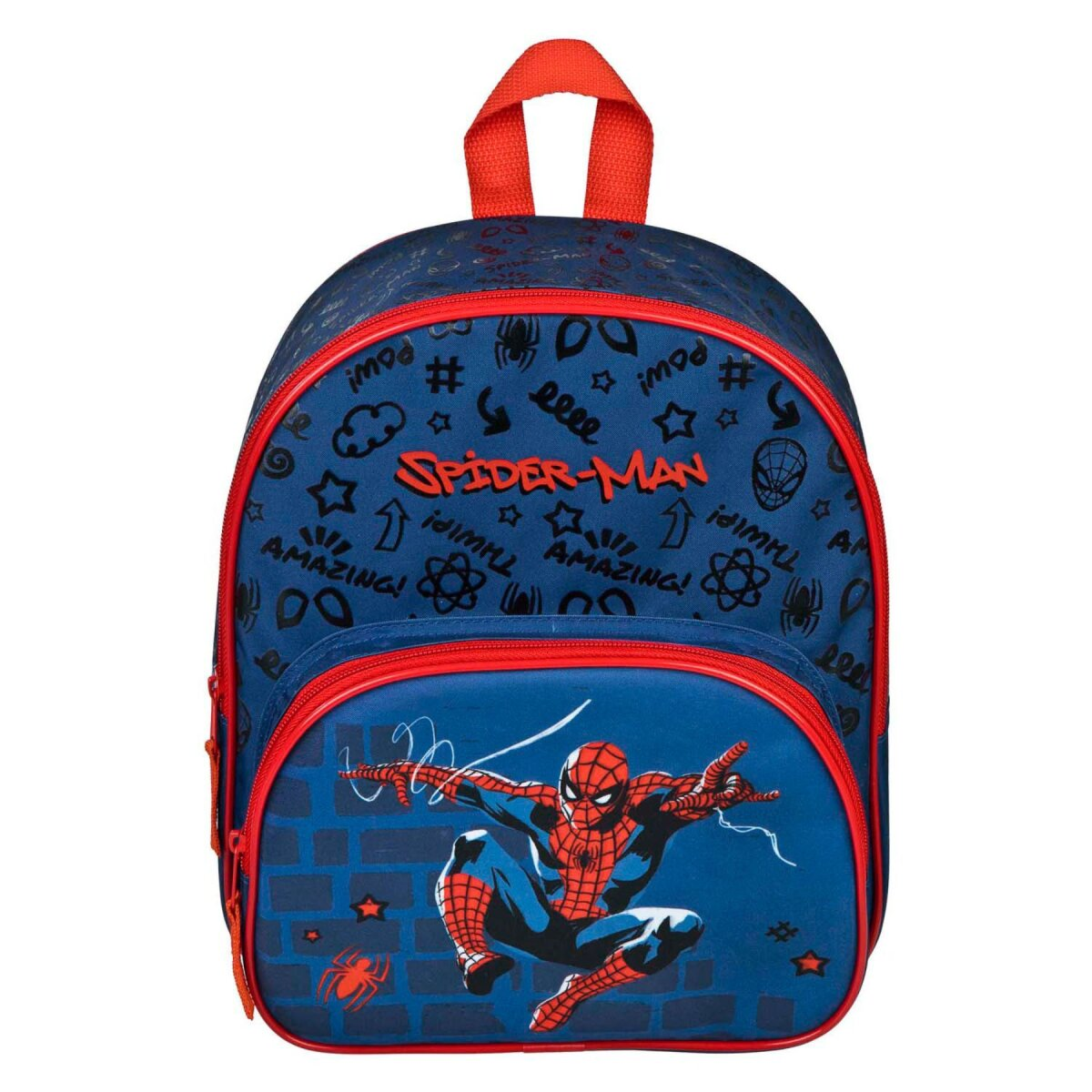 Spider-Man rugzak. Blauw met rode accenten. Spider-Man afbeelding op de voorkant. Rode handgreep en ritsen.