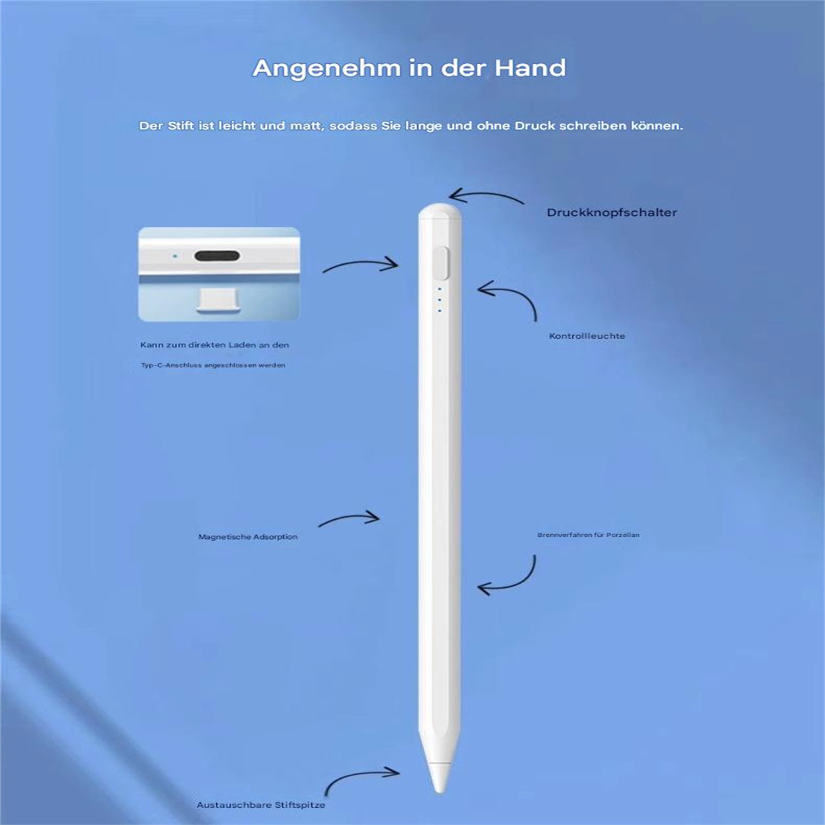 Ein weißer Stift mit silberner Spitze. Er hat einen Ladeanschluss und eine Lichtanzeige.