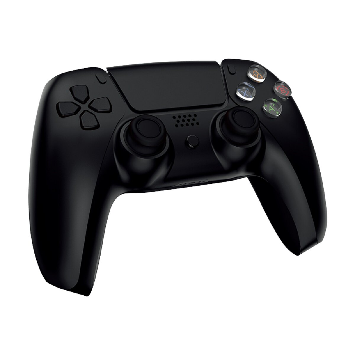 Ein schwarzer PlayStation 5-Controller. Er hat ein Touchpad, ein Steuerkreuz und Aktionstasten. Weißer Hintergrund.