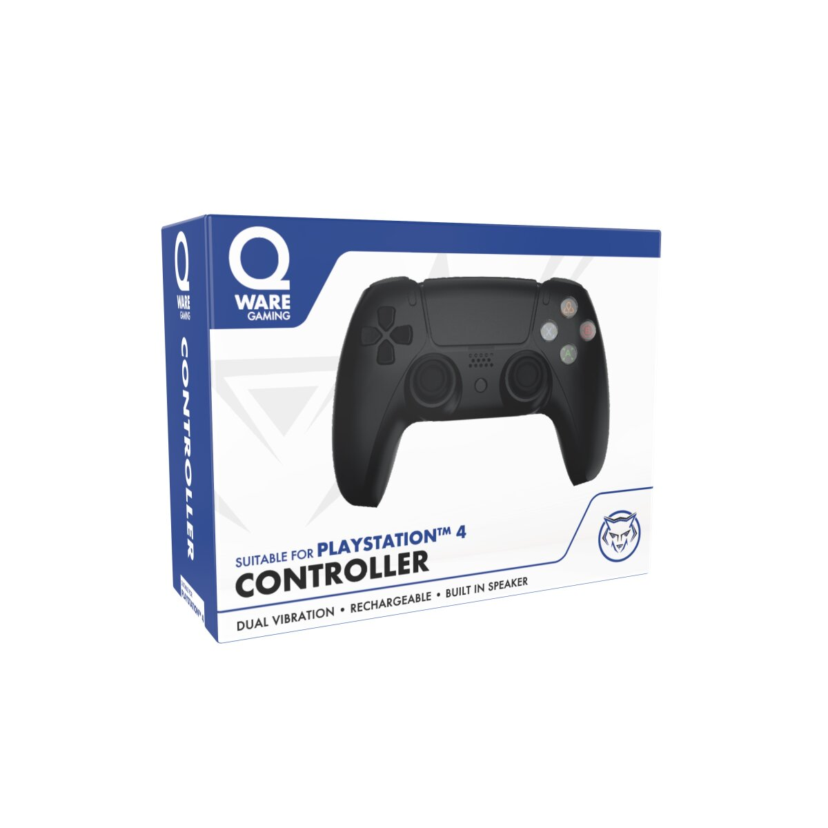 Ein schwarzer Gamecontroller in einer Box. Der Markenname ist Ware Gaming. Es steht für Dual Vibration.
