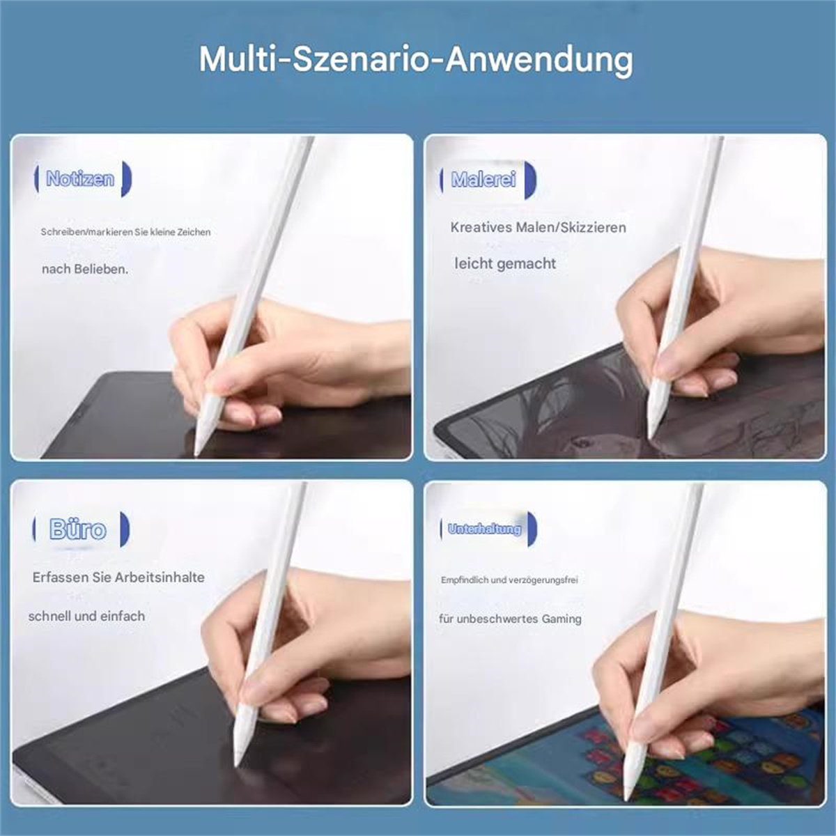 Bilder eines Stylus-Stifts in Gebrauch. Er wird zum Notieren, Malen und Spielen auf einem Tablet verwendet.