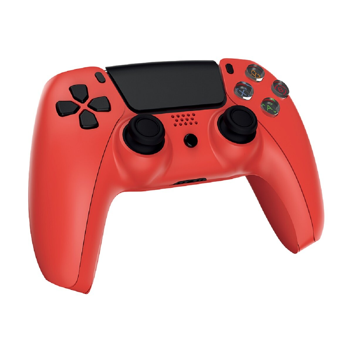 Roter Gamecontroller. Knöpfe und Joysticks sichtbar. Schwarzer Bereich oben. Isoliert auf weißem Hintergrund.