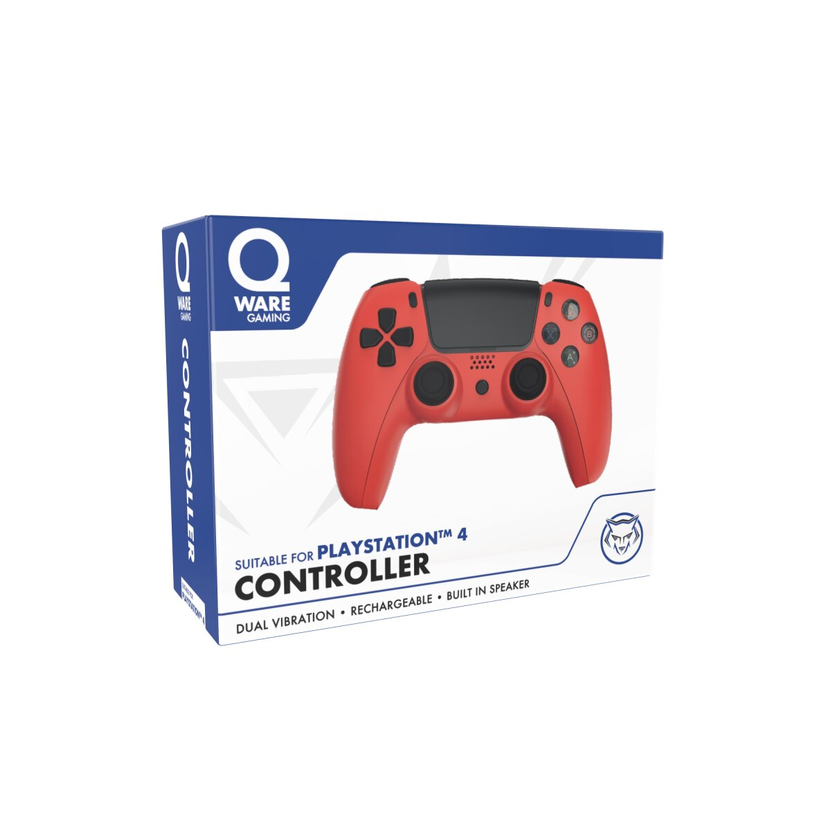 Roter PlayStation 4-Controller in seiner Box. Weißer Hintergrund. Schwarze Tasten und Bedienelemente.