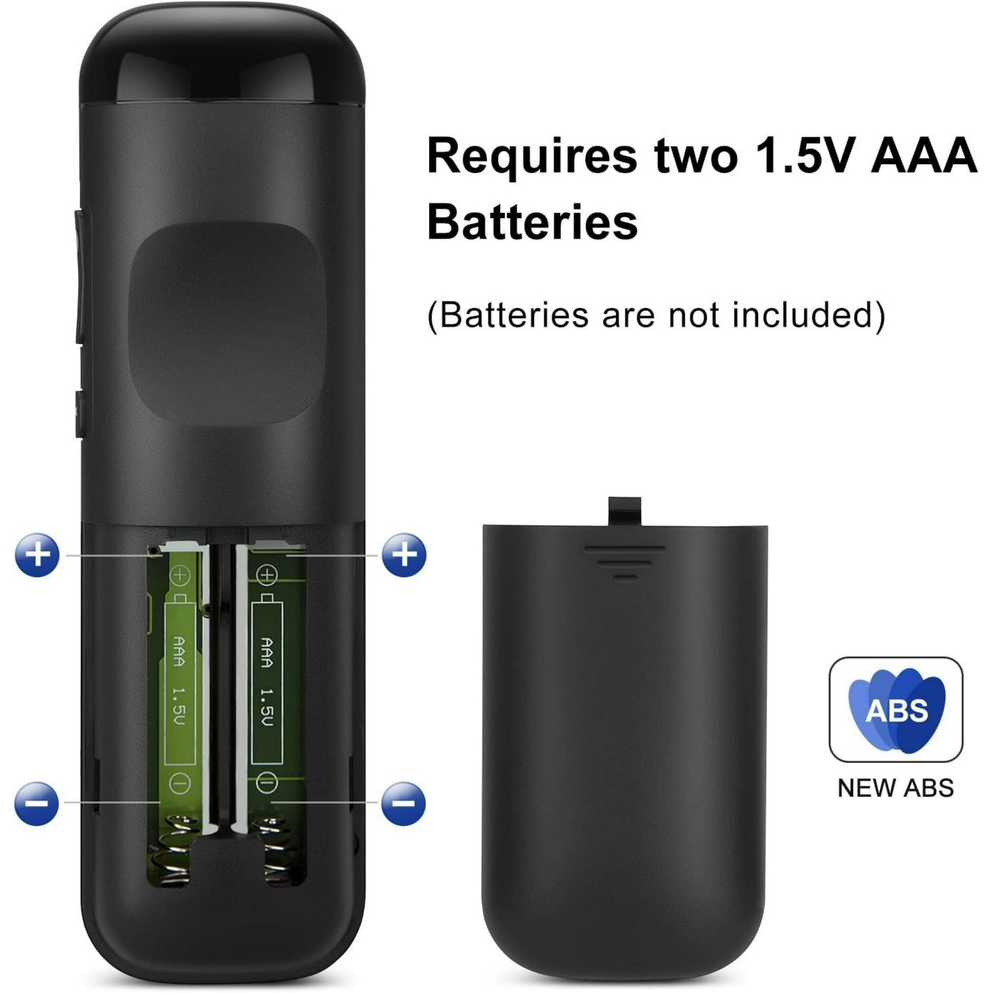 Geöffnetes Batteriefach der Fernbedienung. Zwei AAA-Batterien sind drin. Text sagt, Batterien sind nicht enthalten.
