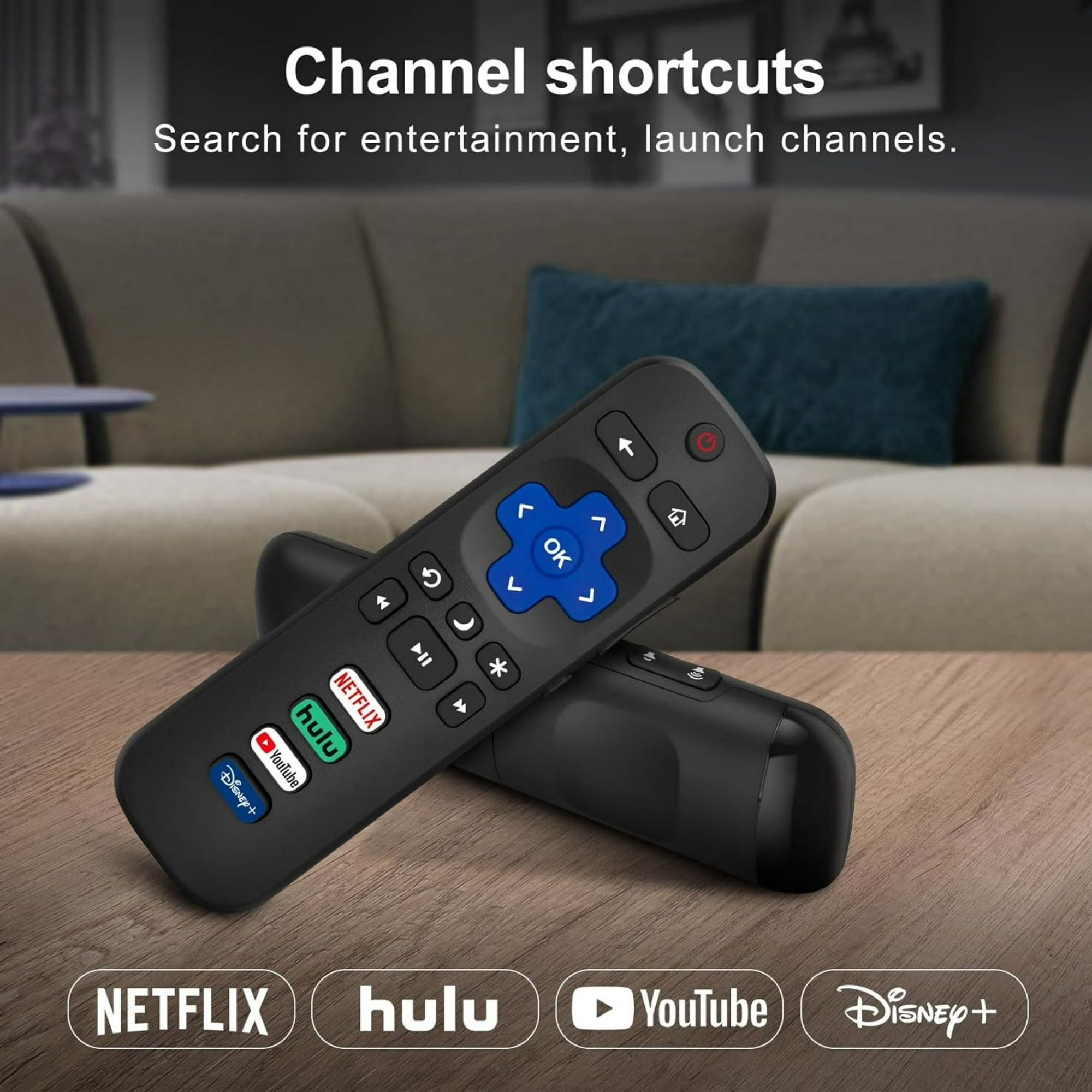 Zwei schwarze TV-Fernbedienungen auf einem Holztisch mit Kanalverknüpfungen, Netflix und YouTube Logos.