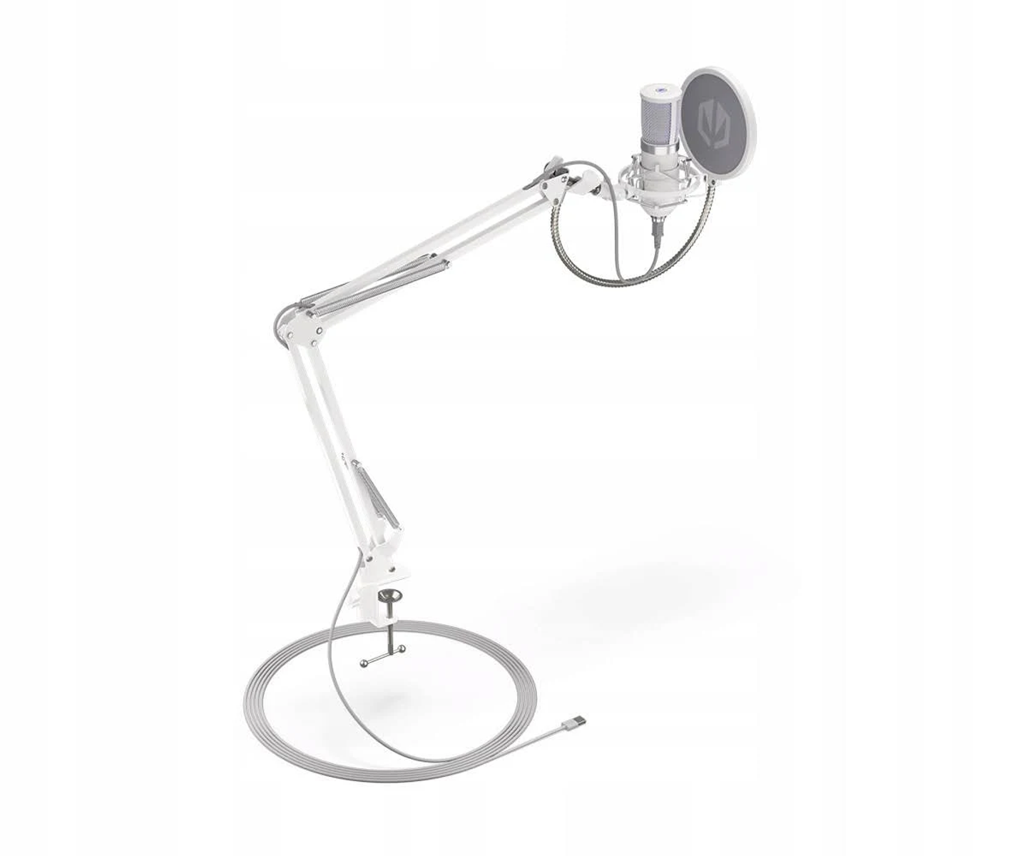 Biały mikrofon z filtrem pop na białym, regulowanym ramieniu, z kablem i czarnym zaciskiem.