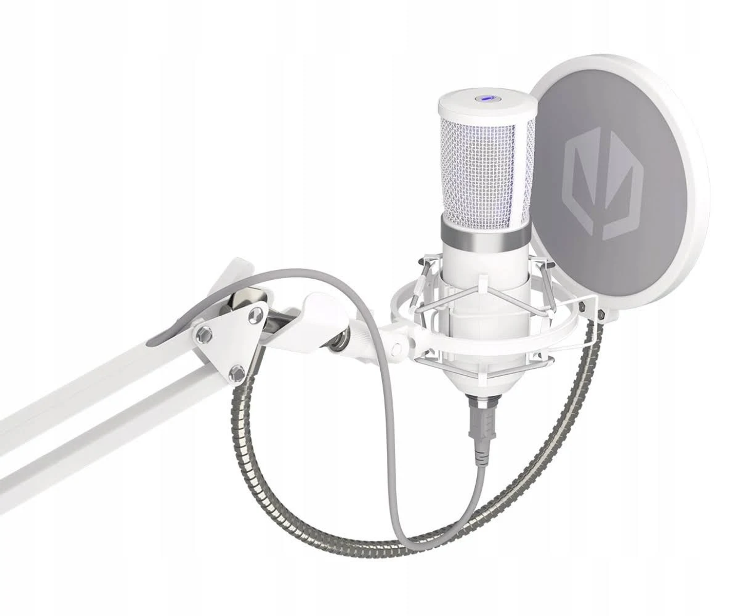 Zbliżenie białego mikrofonu z filtrem pop i regulowanym białym ramieniem, z kablem.