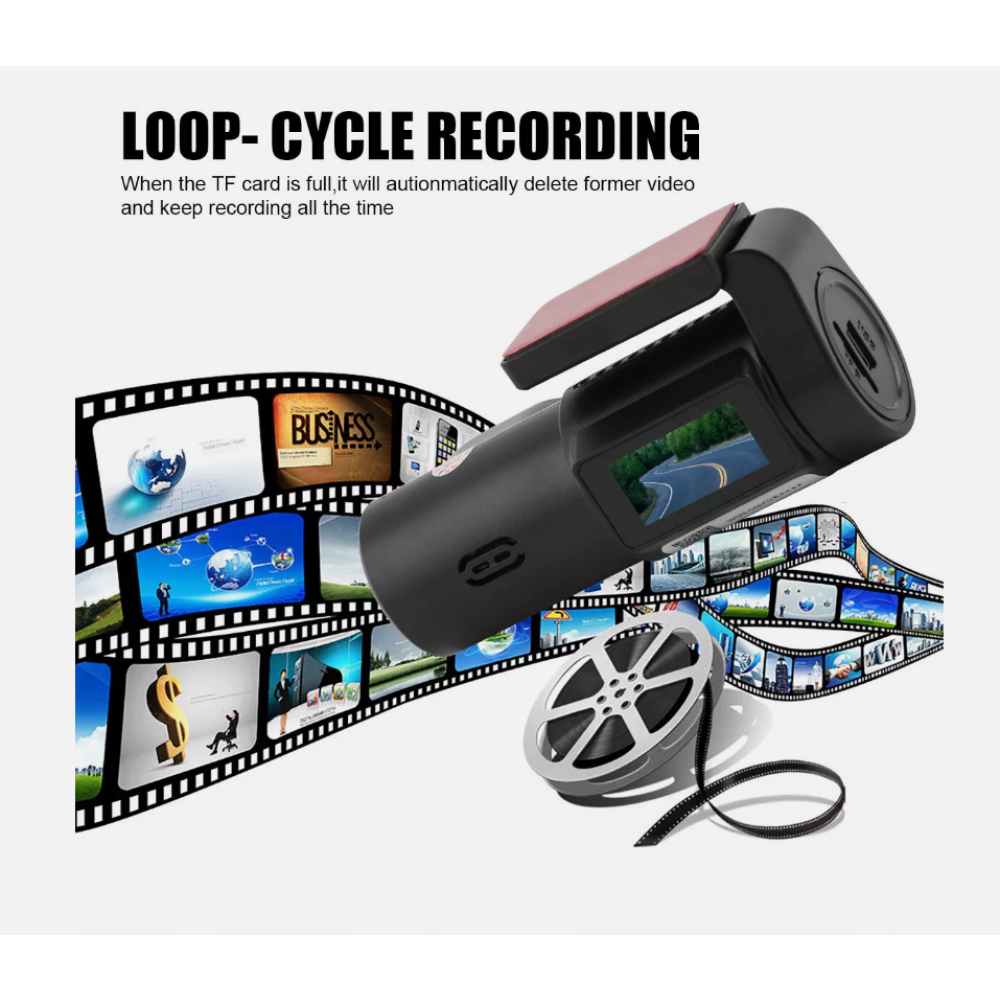 Schwarze Dashcam mit Bildschirm, Filmrolle und Hintergrundbildern. Text: LOOP-CYCLE RECORDING.