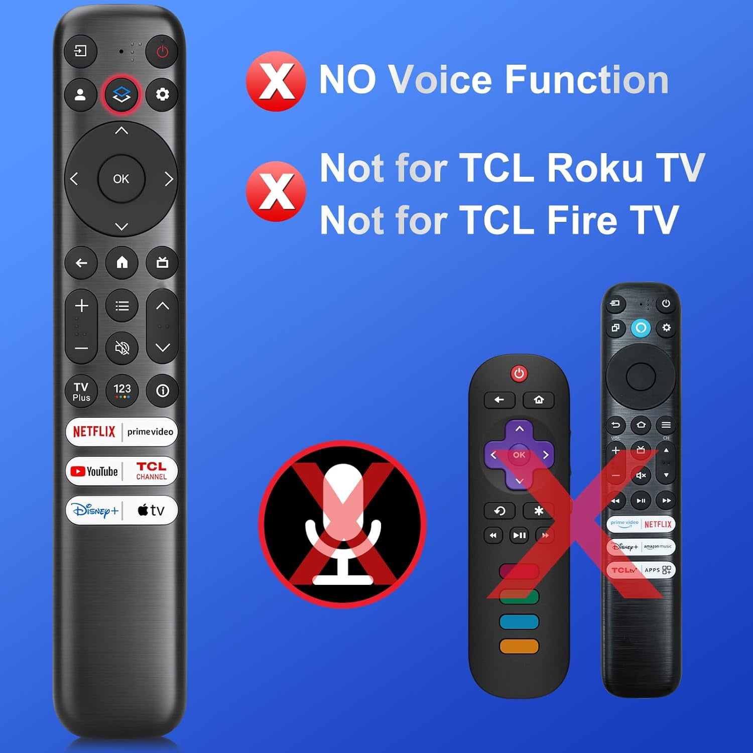 Fernbedienung mit Knöpfen. Zwei rote Kreuze weisen auf keine Sprachfunktion und nicht für TCL Roku/Fire TV hin.