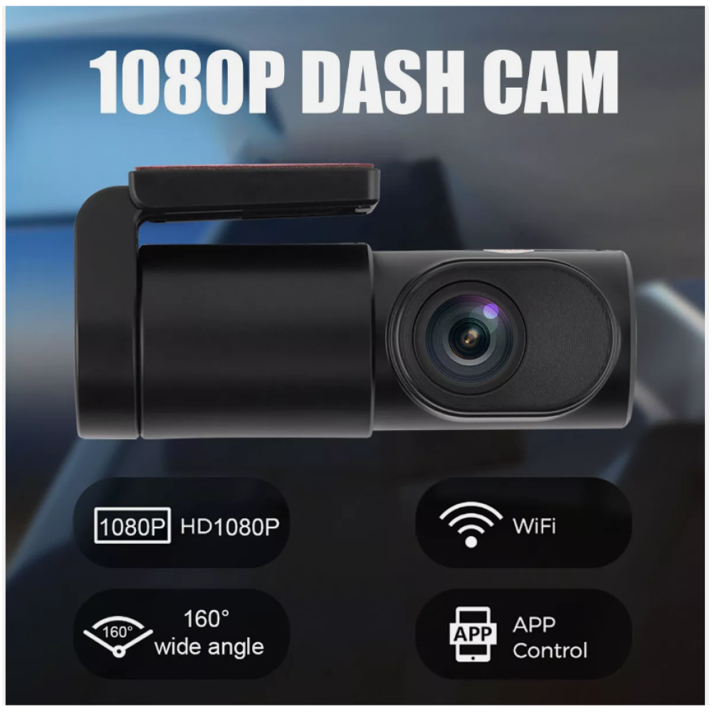 Schwarze Dashcam mit 1080P, WLAN, 160° Weitwinkel. Zeigt Symbole für Funktionen.