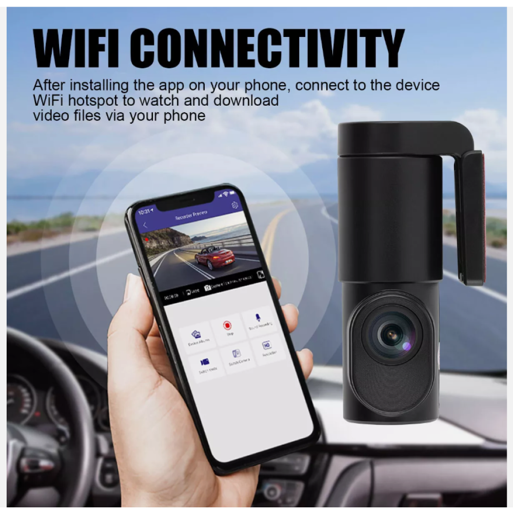 Dashcam im Innenraum eines Autos. Ein Telefon zeigt die App-Oberfläche. Text: WIFI CONNECTIVITY. Zeigt den Innenraum des Autos.