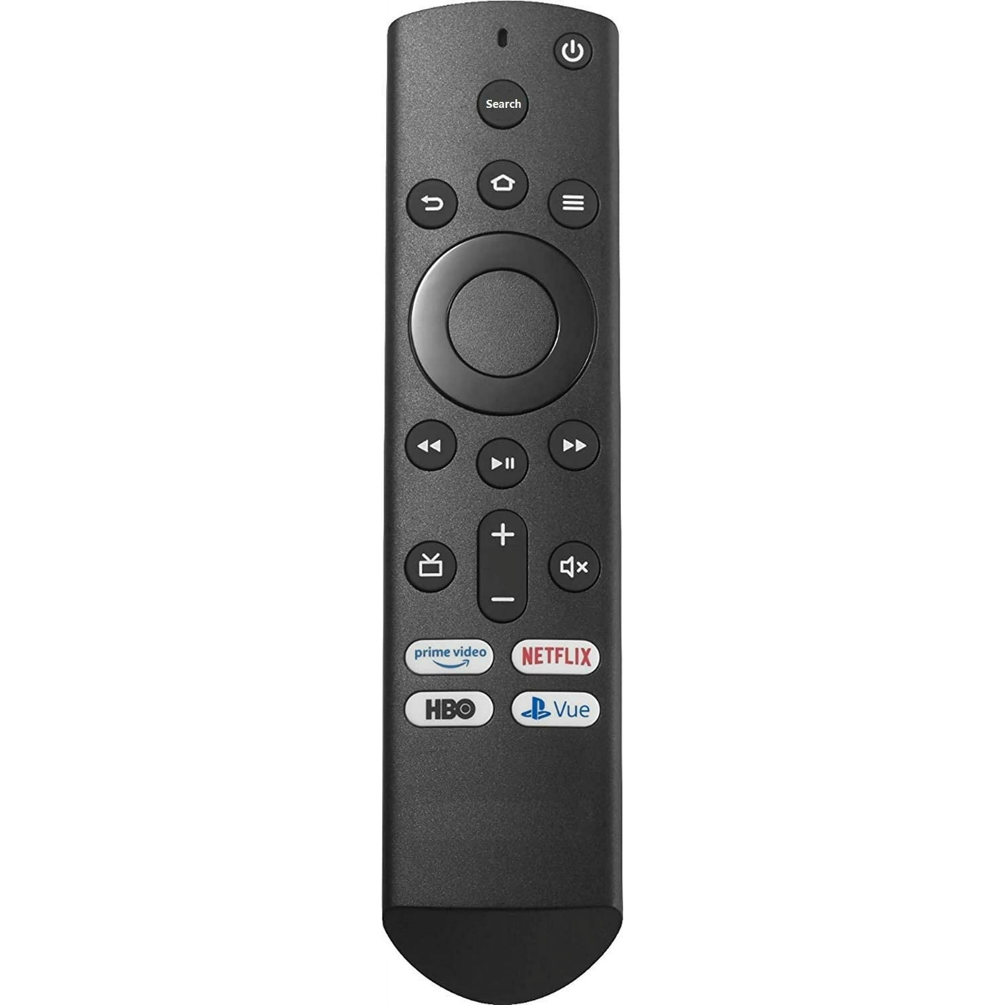 Schwarze Fire TV-Fernbedienung mit Navigation, Lautstärke, Kanal und Streaming-Diensten.