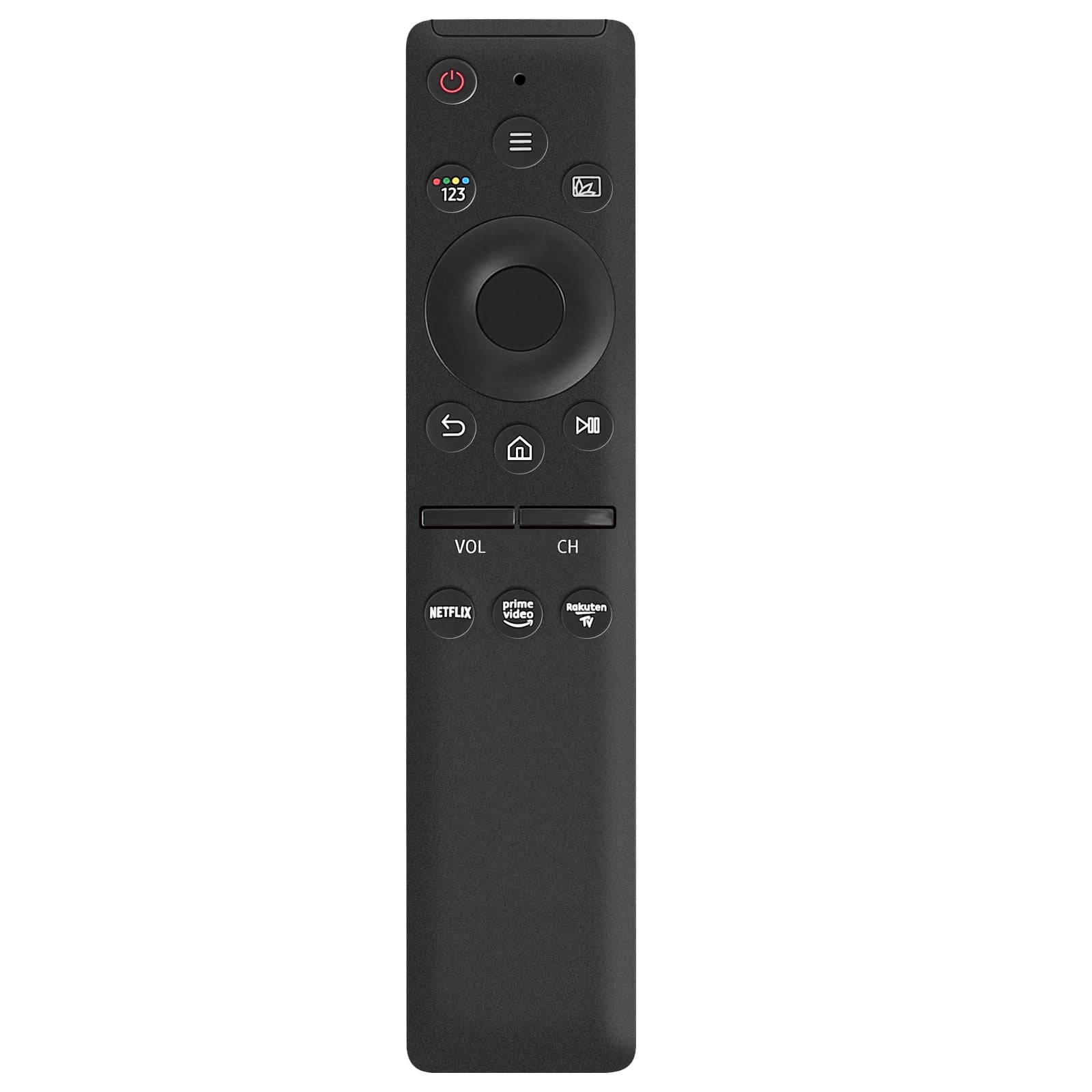 Schwarze Fernbedienung mit mehreren Tasten, darunter Netflix, Prime Video und Rakuten TV.