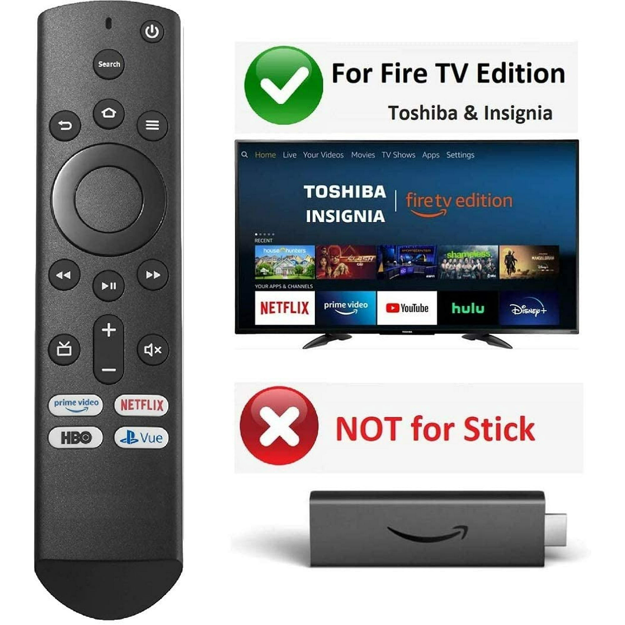 Schwarze Fernbedienung und ein TV-Gerät mit Inhalten. Text: Für Fire TV Edition, NICHT für Stick.