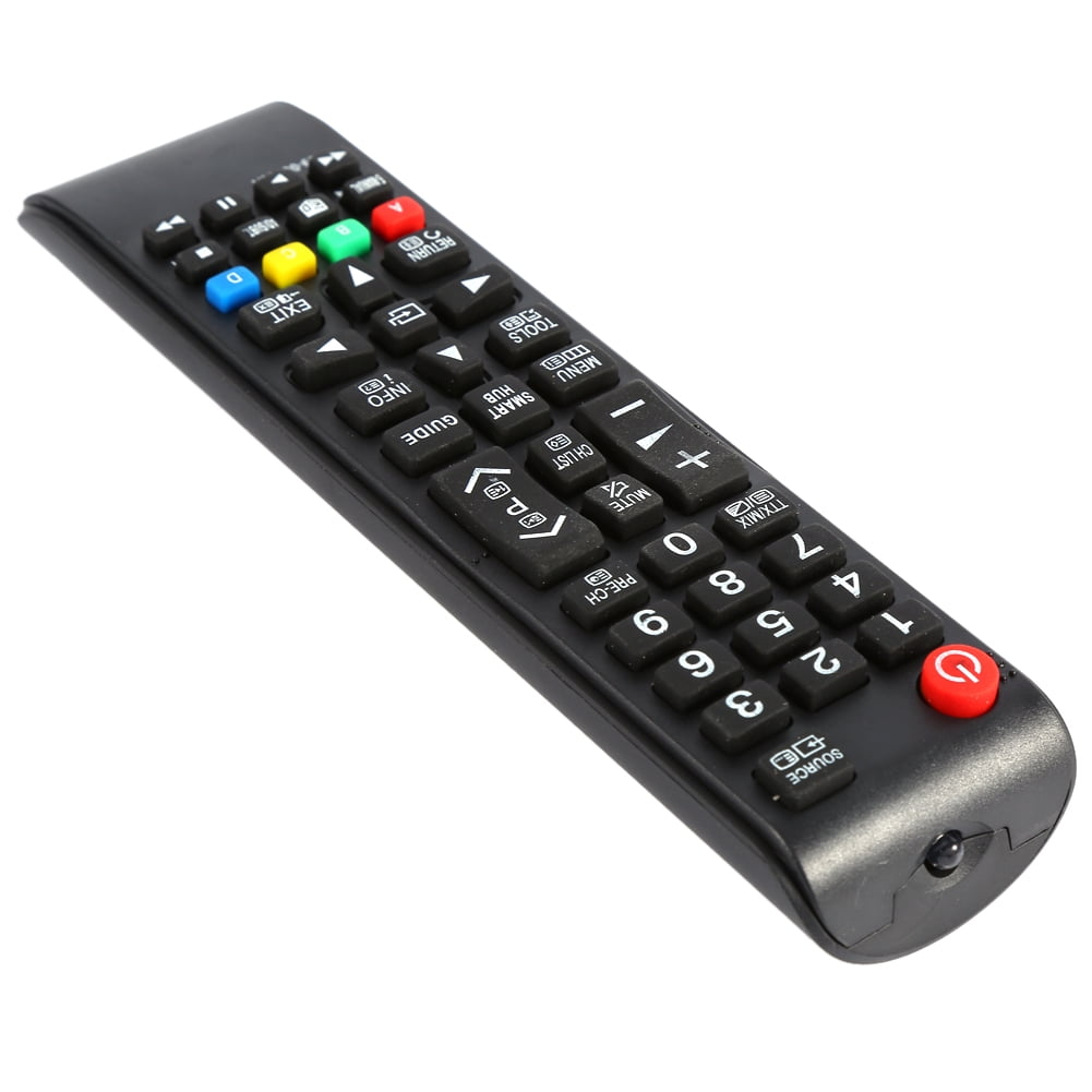 Schwarze TV-Fernbedienung mit Knöpfen in verschiedenen Farben auf weißem Hintergrund.