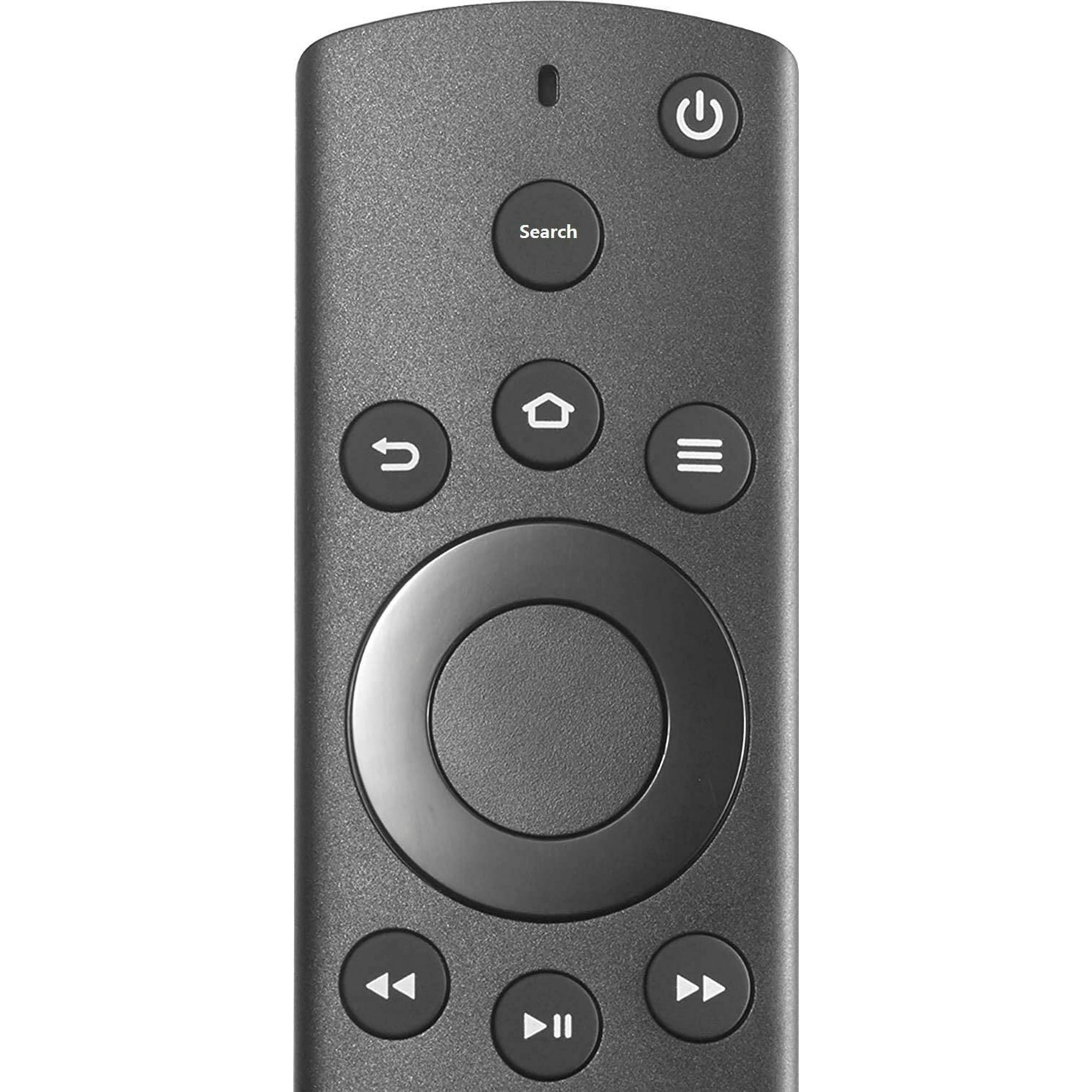Schwarze Fire TV-Fernbedienung. Hat Navigationsring, Home-, Zurück-, Menü- und Wiedergabe/Pause-Tasten.