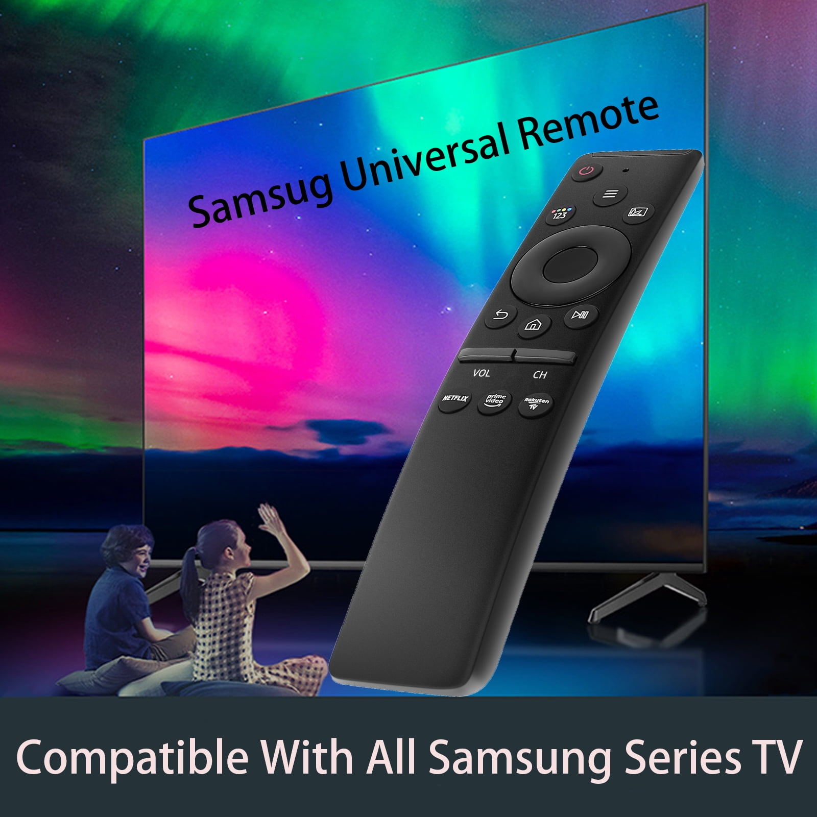 Schwarze Universalfernbedienung über einem Fernsehbildschirm mit 'Samsug Universal Remote'.