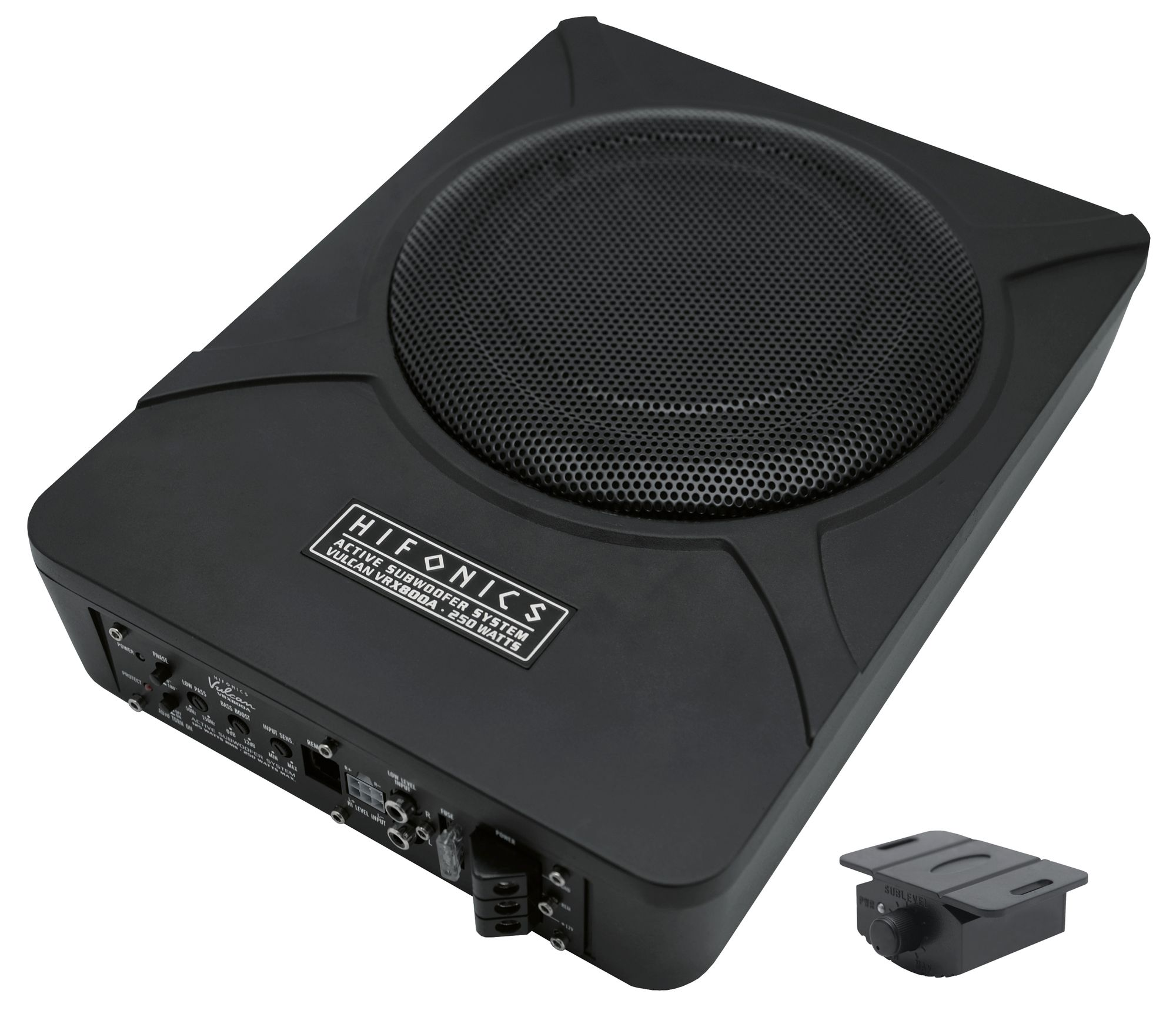 Schwarzer Subwoofer mit Netzfront, zeigt Markennamen und Spezifikationen.