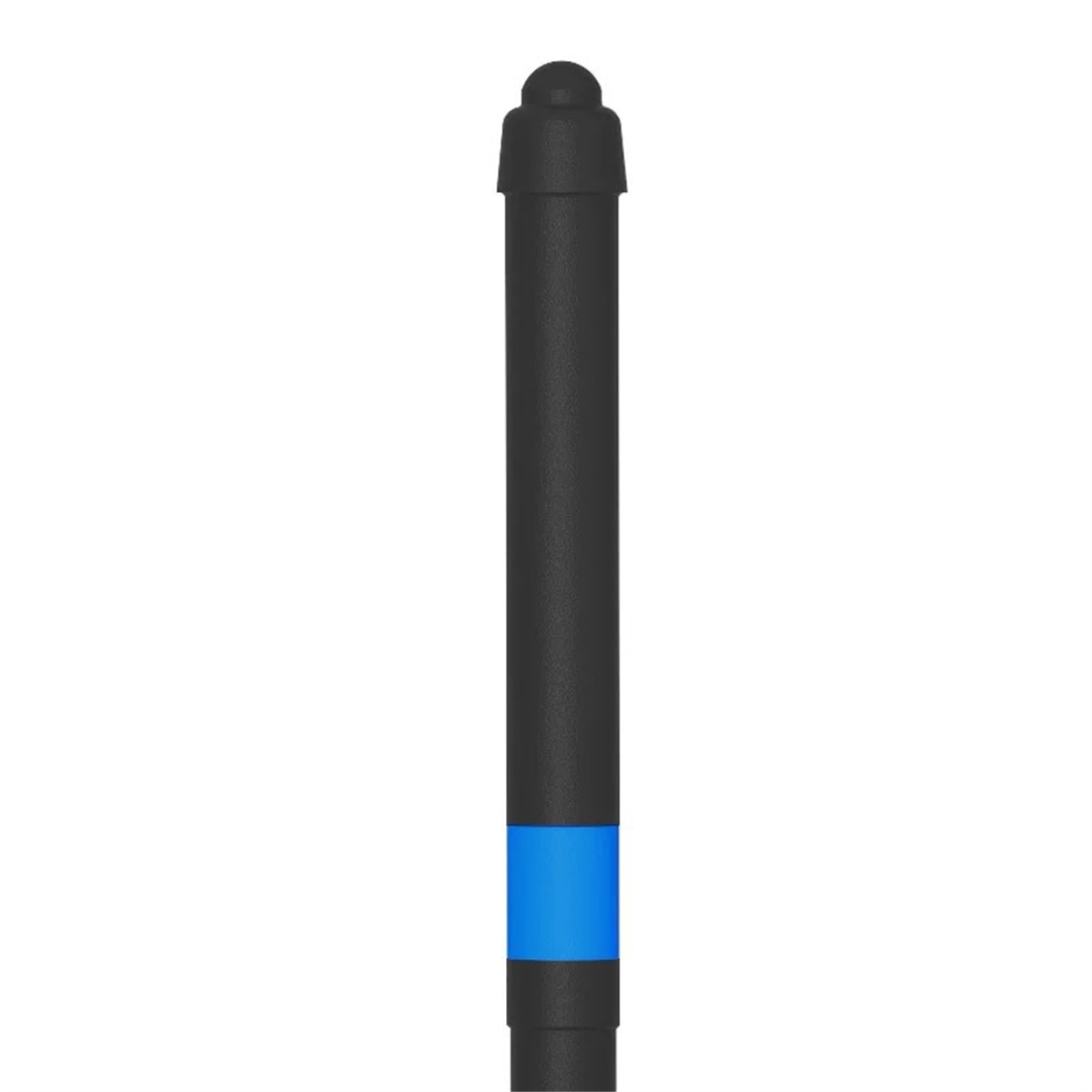 Schwarzer Stift mit blauem Band, vertikal vor weißem Hintergrund gezeigt.