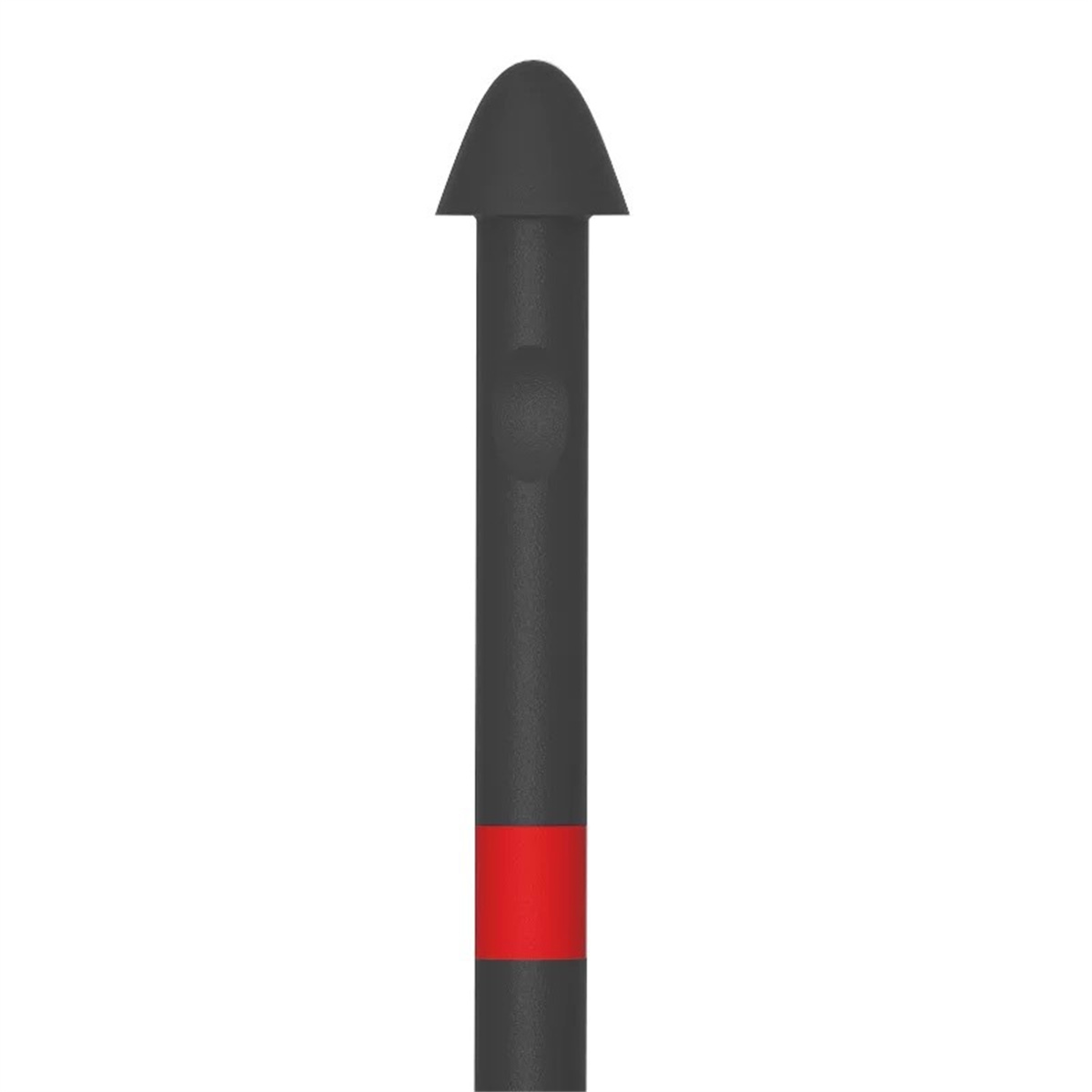 Ein schwarzer, zylindrischer Stift mit rotem Band und spitzer Spitze.
