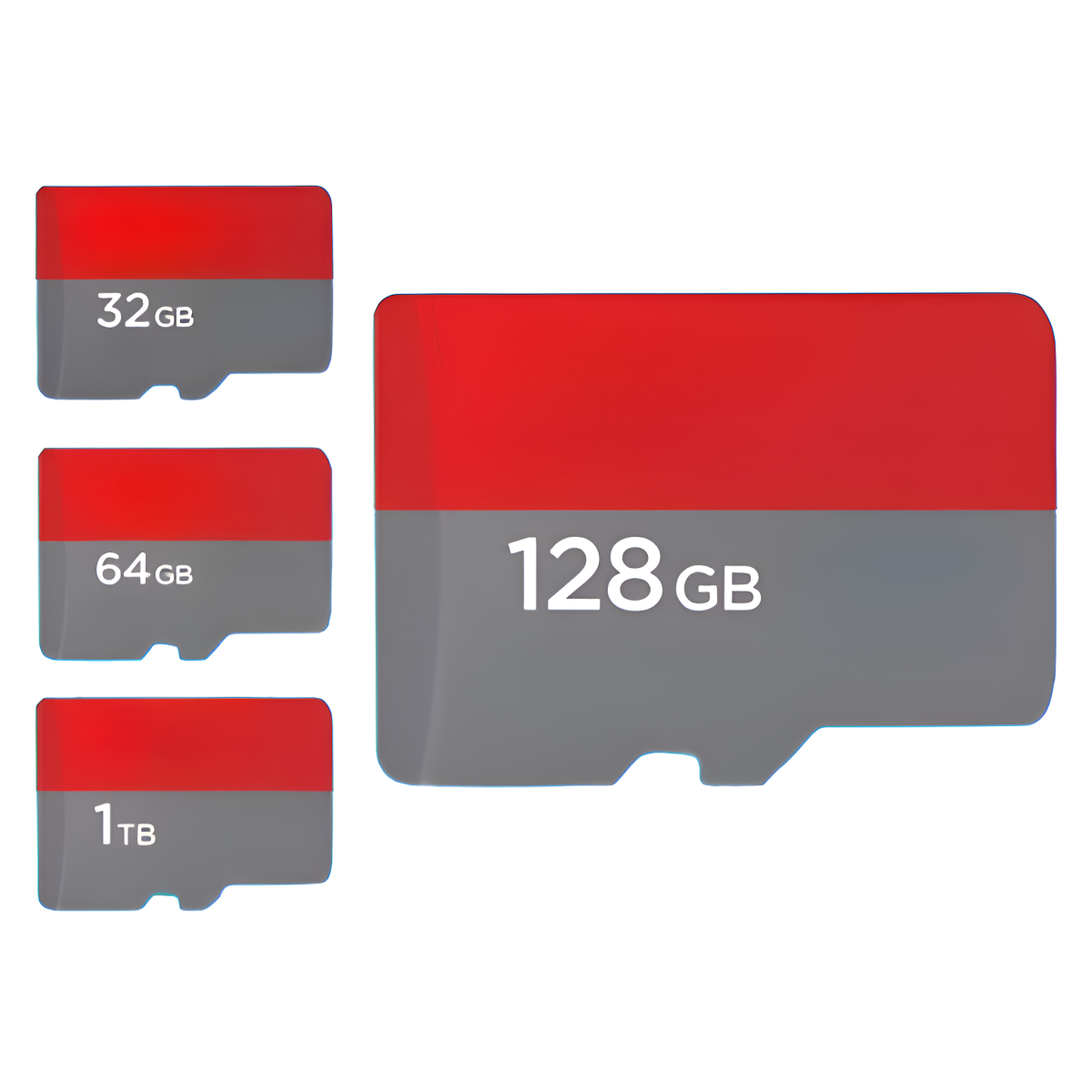MicroSD-Karten mit unterschiedlichen Speichergrößen: 32 GB, 64 GB, 128 GB und 1 TB. Die Karten sind rot und grau.