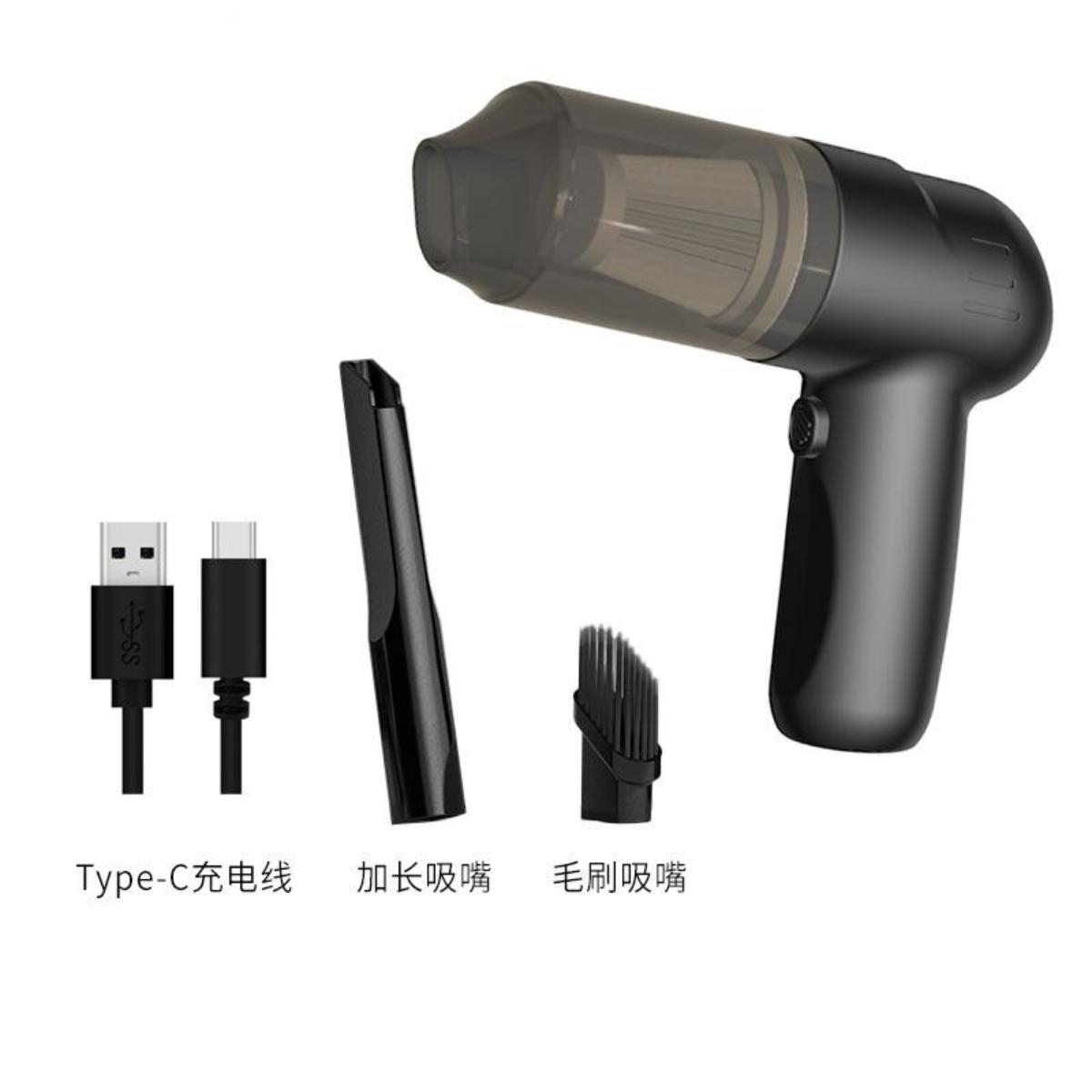 Ein schwarzer Handstaubsauger mit Aufsätzen. Enthält USB- und Typ-C-Ladekabel sowie Bürstenaufsätze.