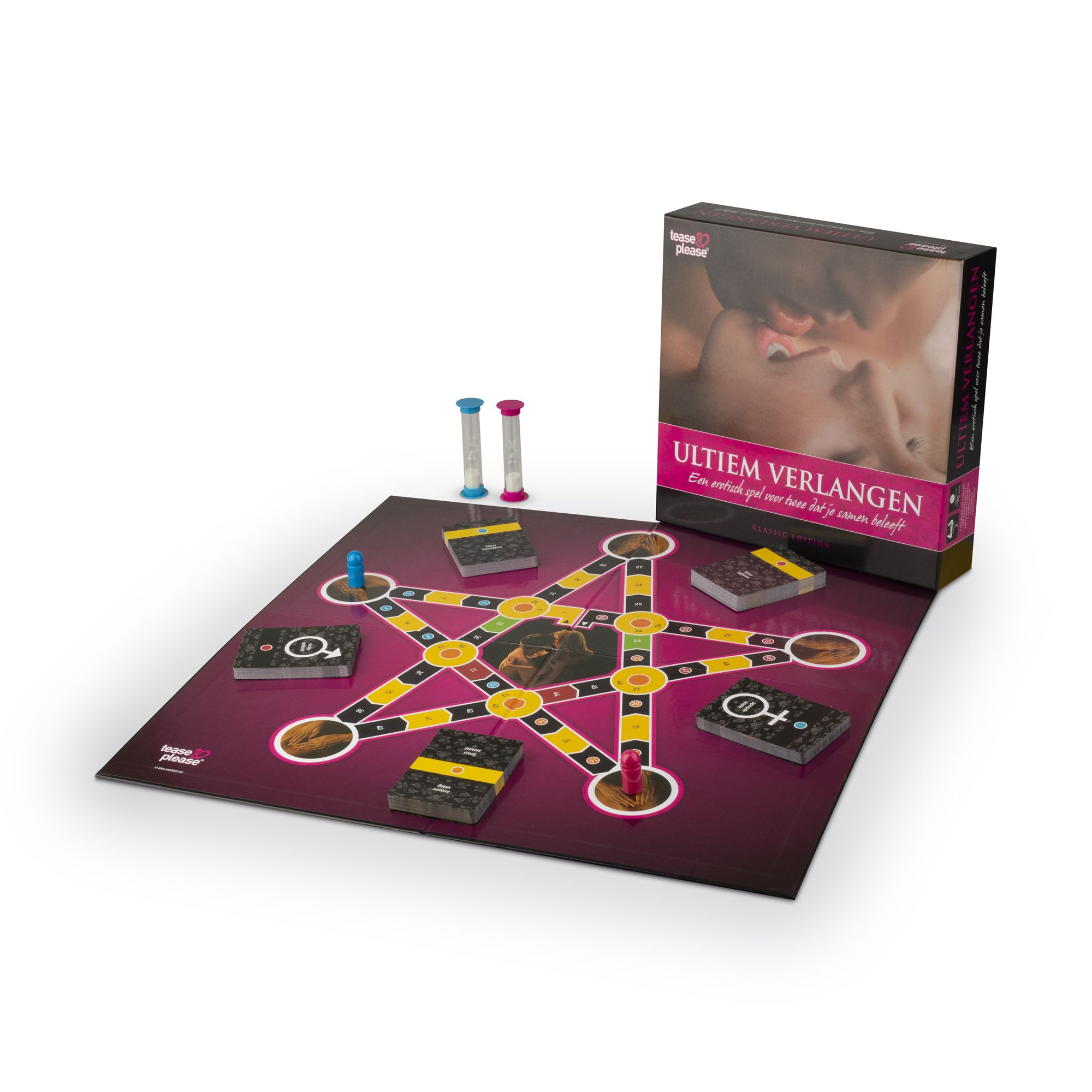 Ein Brettspiel mit einer Schachtel, die ein küssendes Paar zeigt. Das Spiel hat Karten und Spielsteine.