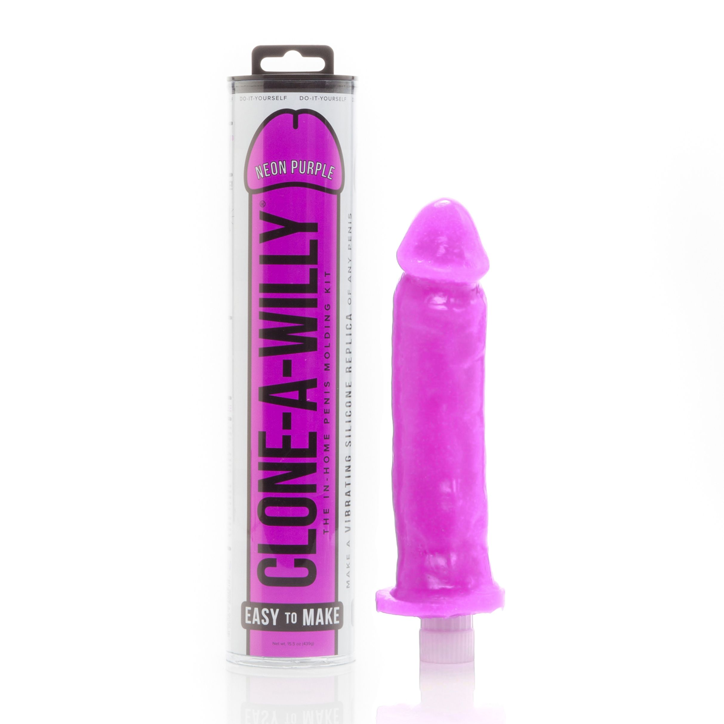 Lila penisartiger Vibrator mit durchsichtigem Sockel, auf weißem Hintergrund.