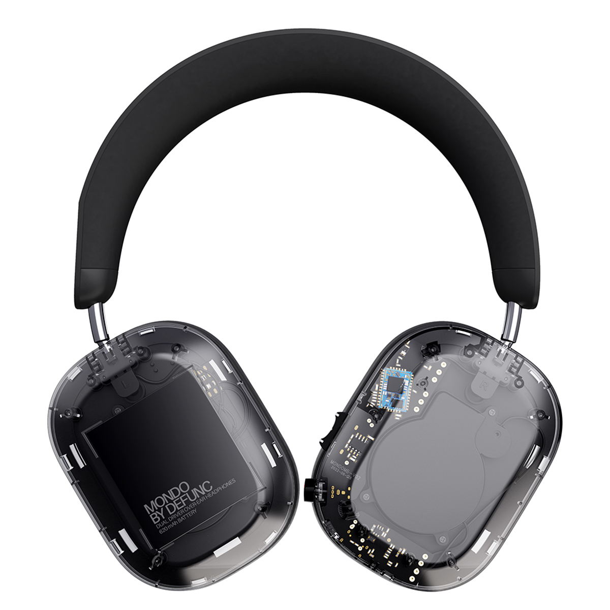 Przezroczyste słuchawki AirPods Max. Jedna strona pokazuje elementy wewnętrzne, druga jest zamknięta.