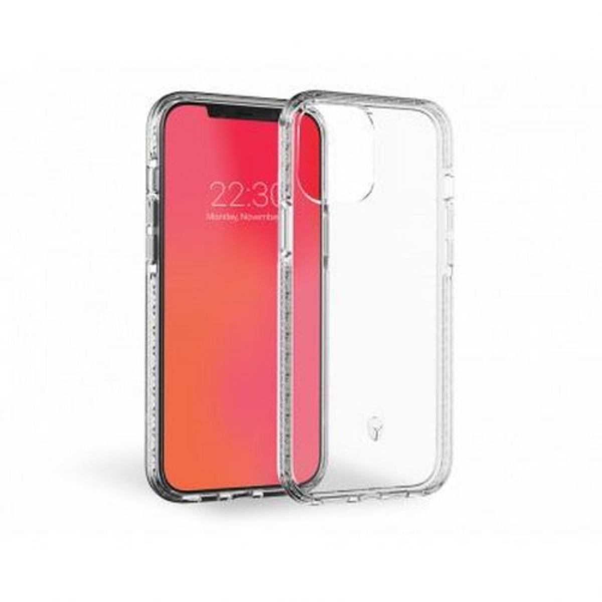 Una custodia trasparente per telefono su sfondo bianco. La custodia ha ritagli per fotocamera e pulsanti.
