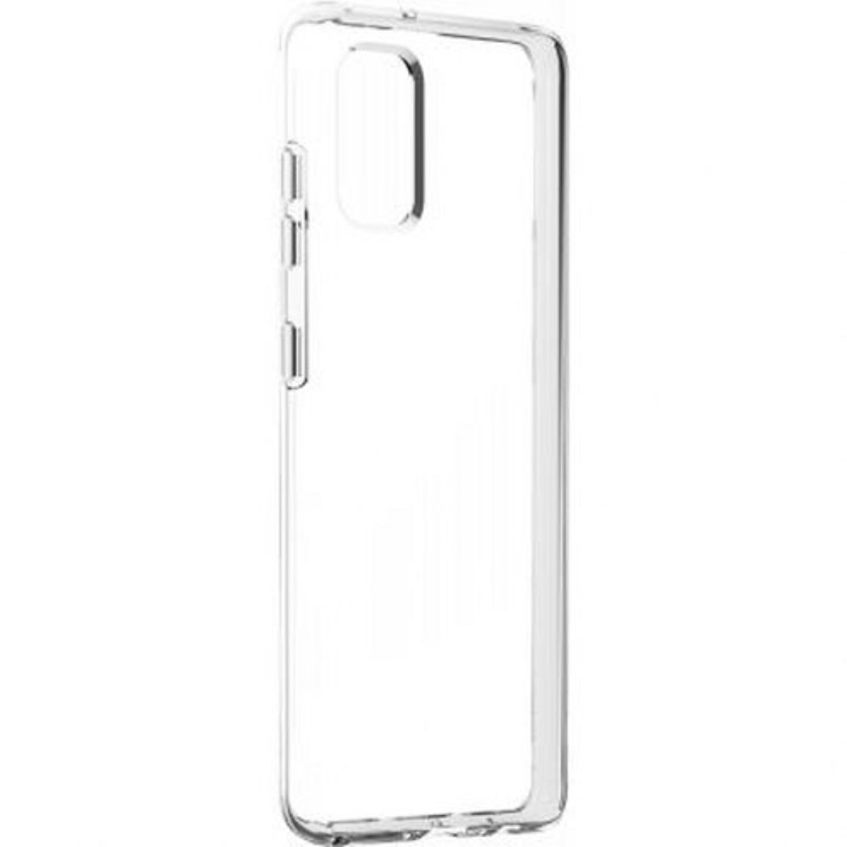 Un telefono bianco con una custodia trasparente su sfondo bianco. Il telefono ha una fotocamera multi-obiettivo.