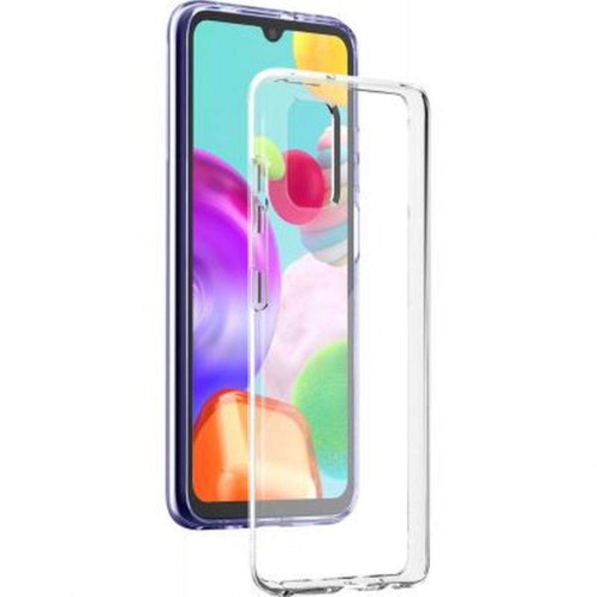 Una scatola Bigben con una custodia blu per telefono e un telefono. La scatola ha un cinturino rimovibile.