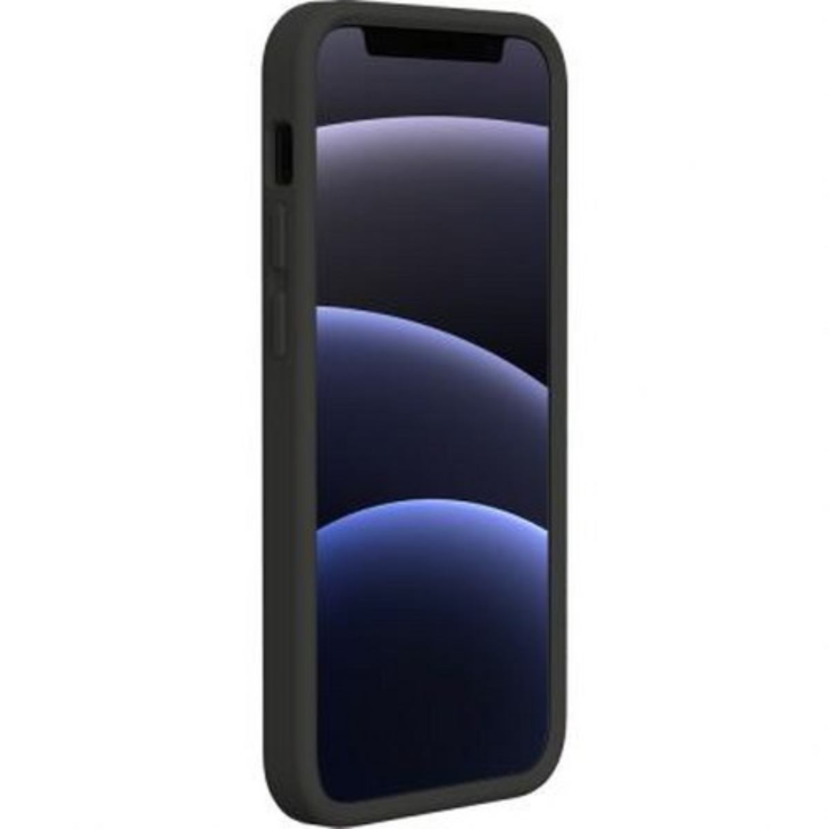 Custodia nera per telefono con un telefono nero. Il telefono è nella custodia. Sfondo bianco.