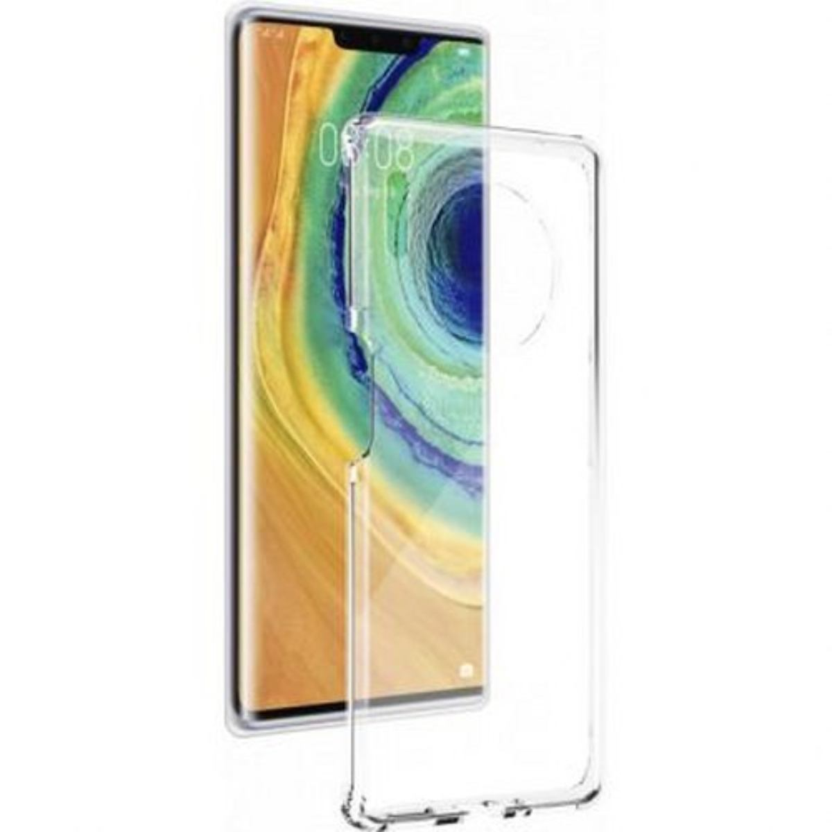 Custodia trasparente per telefono accanto a un telefono. Lo schermo del telefono ha un motivo colorato. Sfondo bianco.