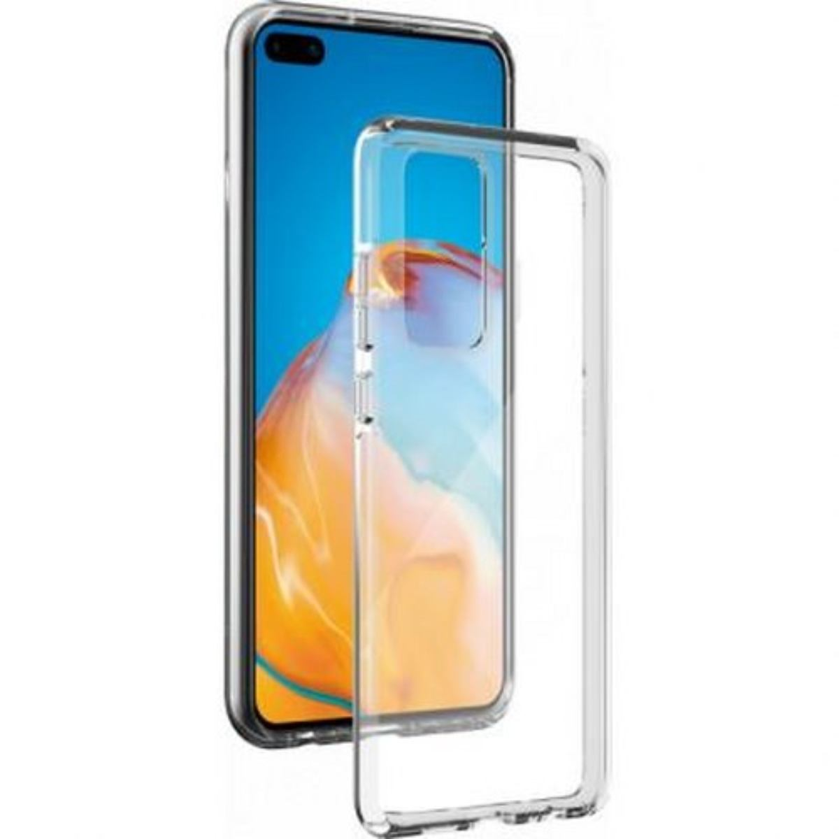 Custodia trasparente con telefono. Il telefono ha uno schermo colorato.