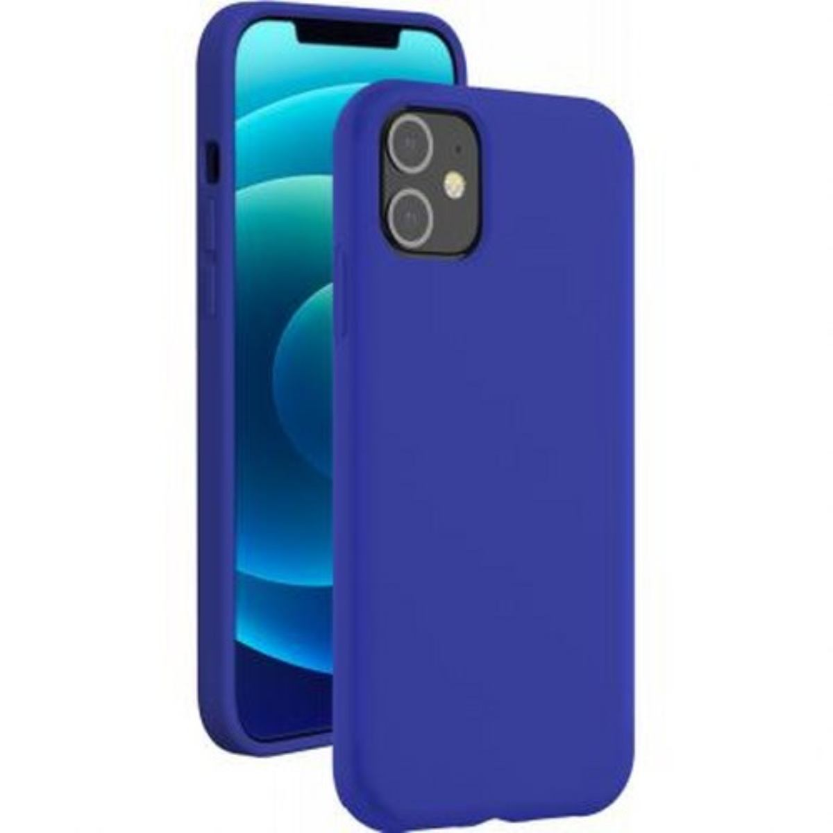 Blaue iPhone-Hülle mit blauem Telefon. Das Telefon befindet sich hinter der Hülle. Weißer Hintergrund.