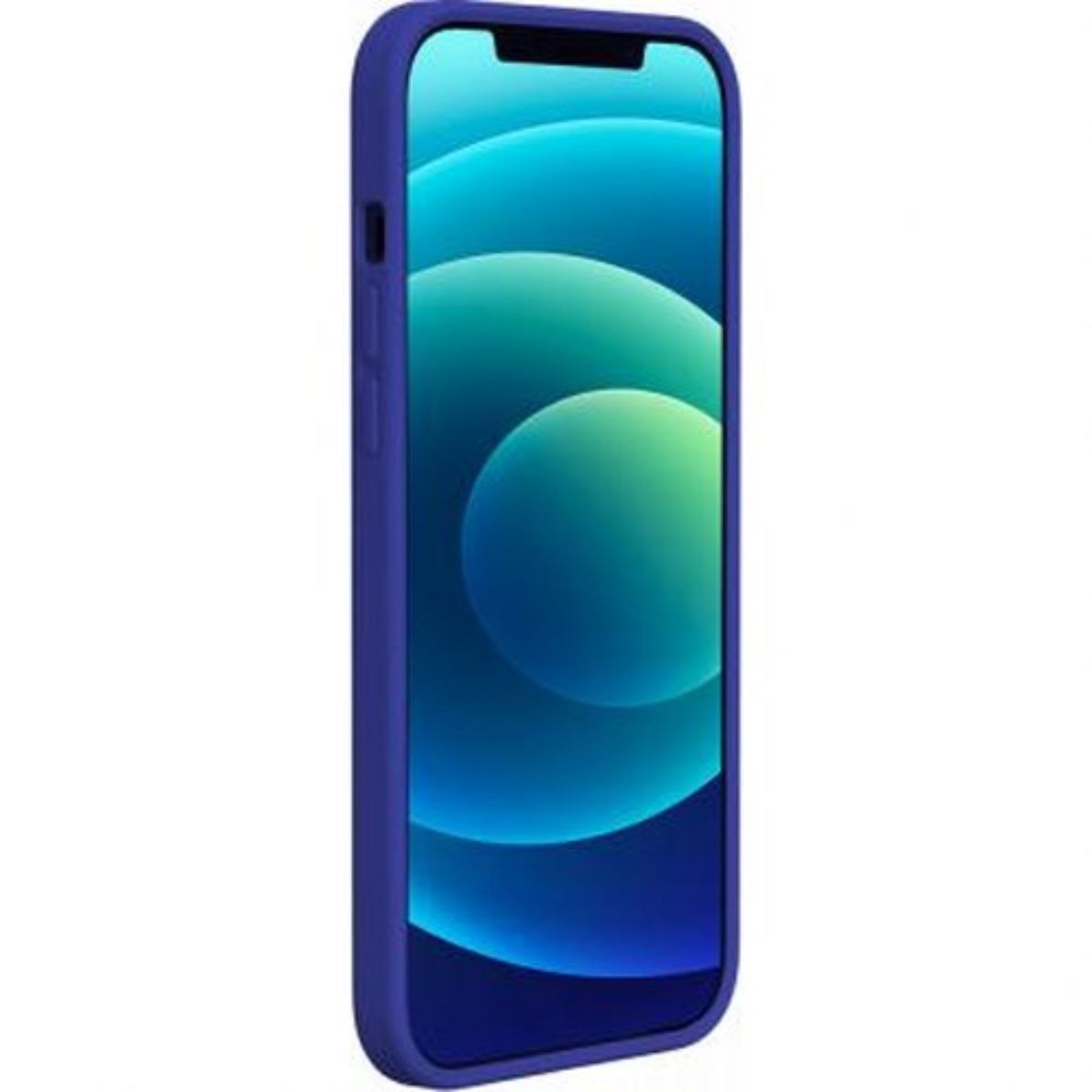 Blaue Handyhülle mit Handy. Das Telefon hat einen blau-grünen Bildschirm.