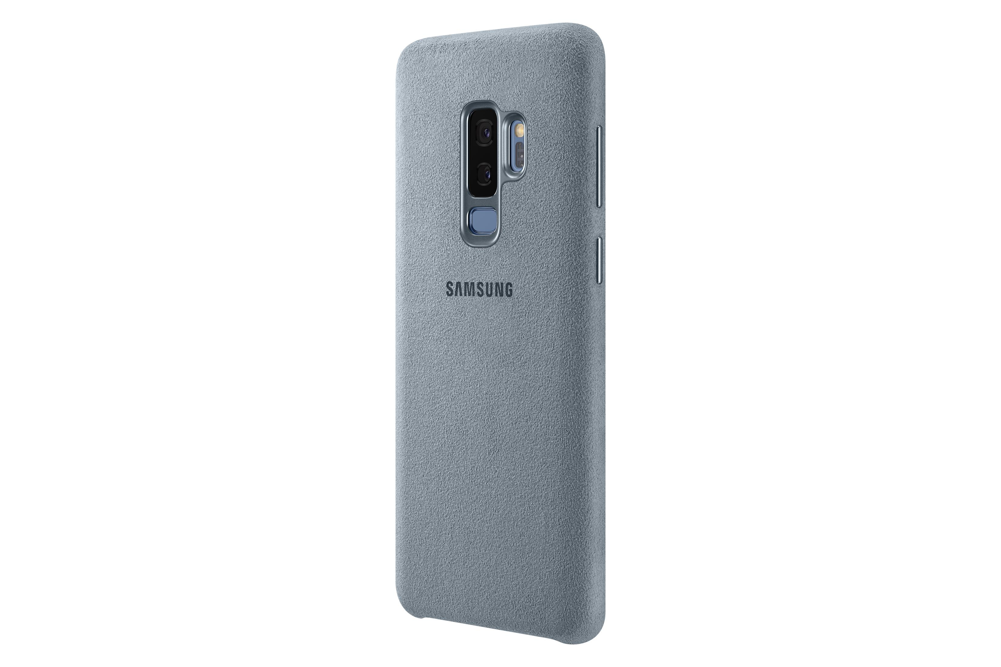 Graue Handyhülle auf weißem Hintergrund. Die Hülle hat ein Samsung-Logo.