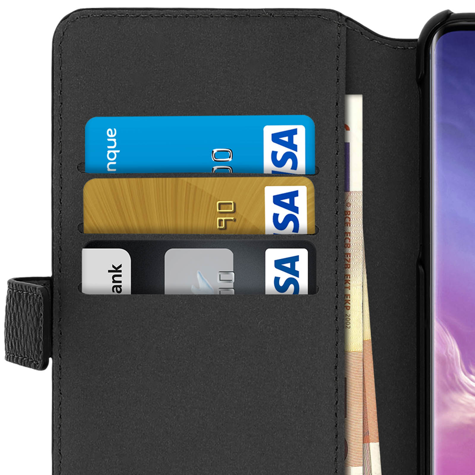 Schwarze Handyhülle mit Karten und Geld. Es liegt auf einer weißen Oberfläche.