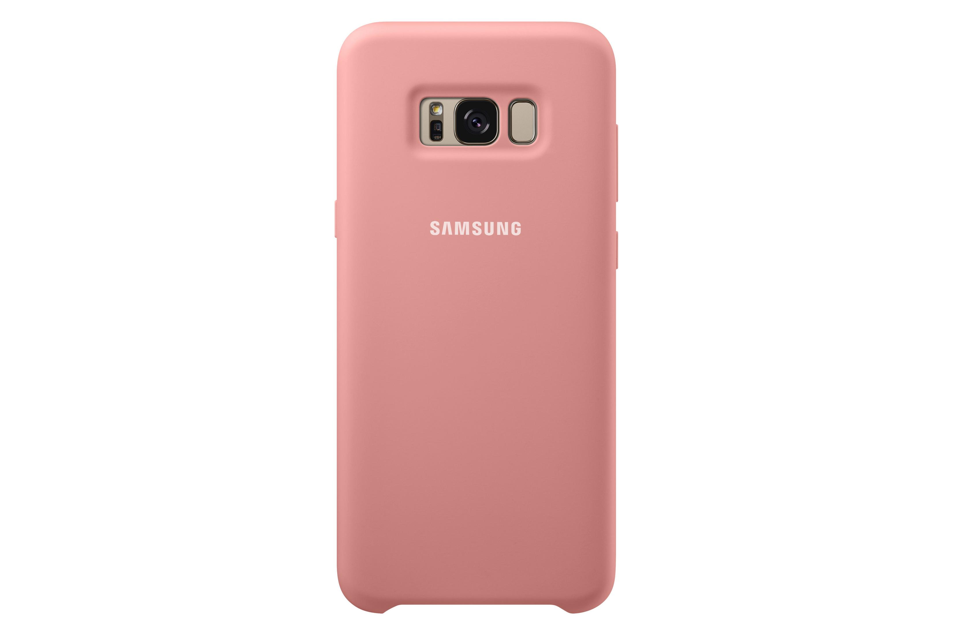 Custodia rosa con telefono. La custodia ha il logo Samsung.