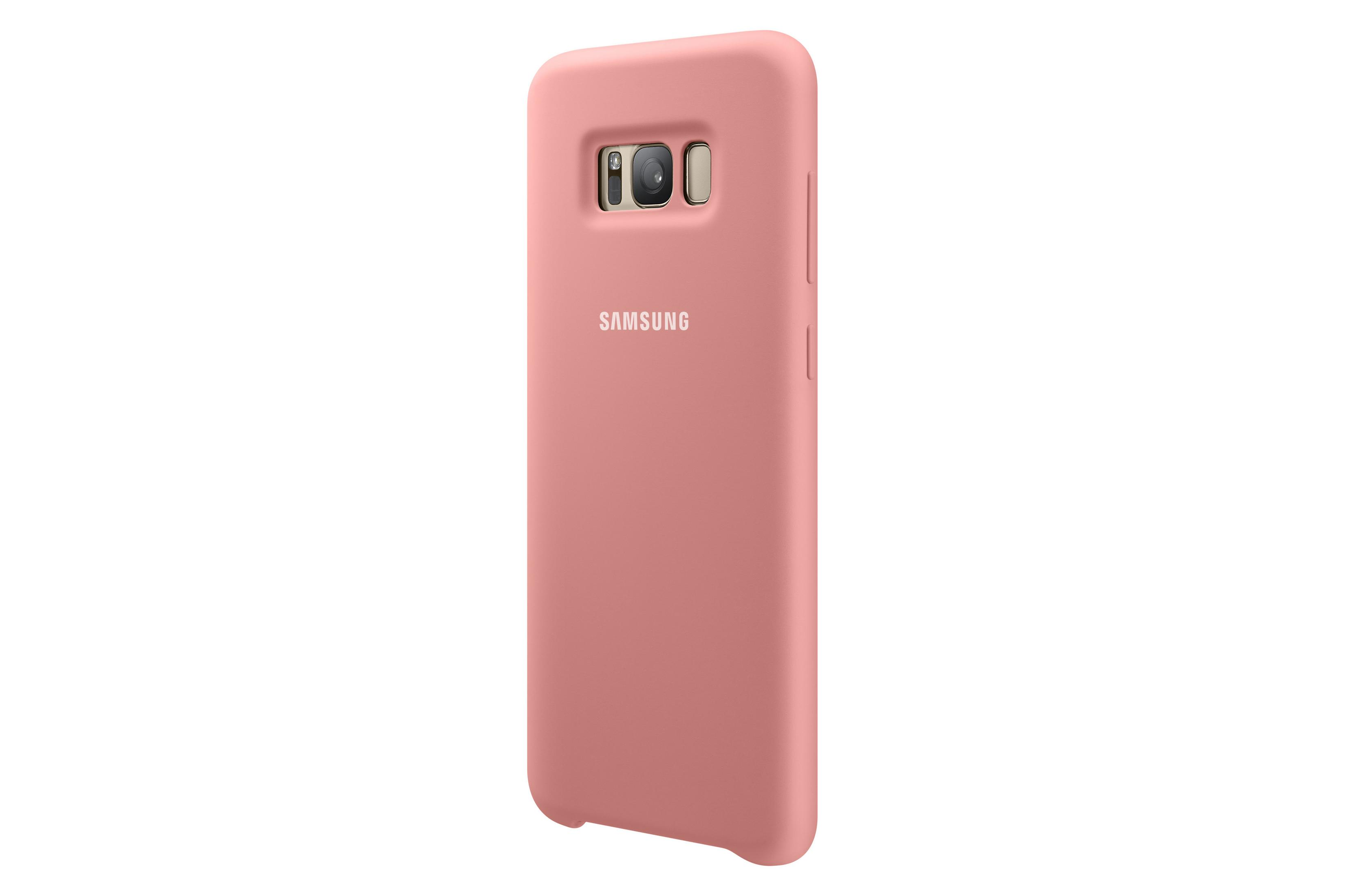 Custodia rosa con telefono. La custodia ha il logo Samsung.