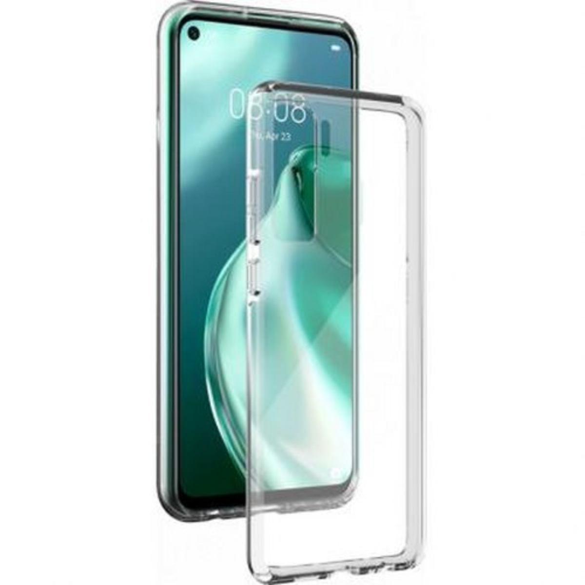 Telefono con schermo acceso e custodia trasparente laterale, su sfondo bianco.