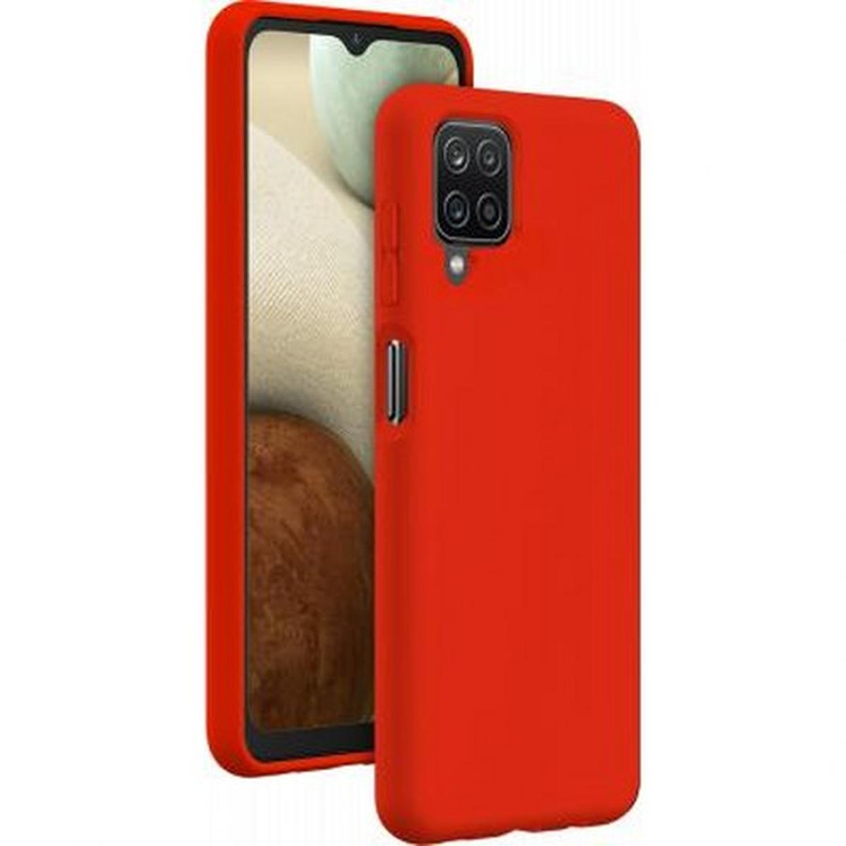 Custodia rossa con telefono. Il telefono ha uno schermo colorato. Su sfondo bianco.