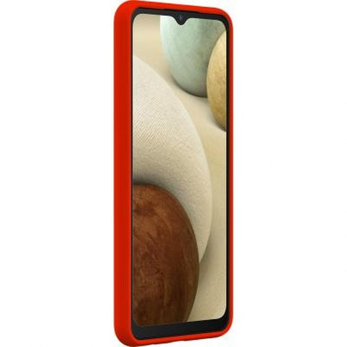Custodia rossa con telefono. Il telefono ha uno schermo colorato.