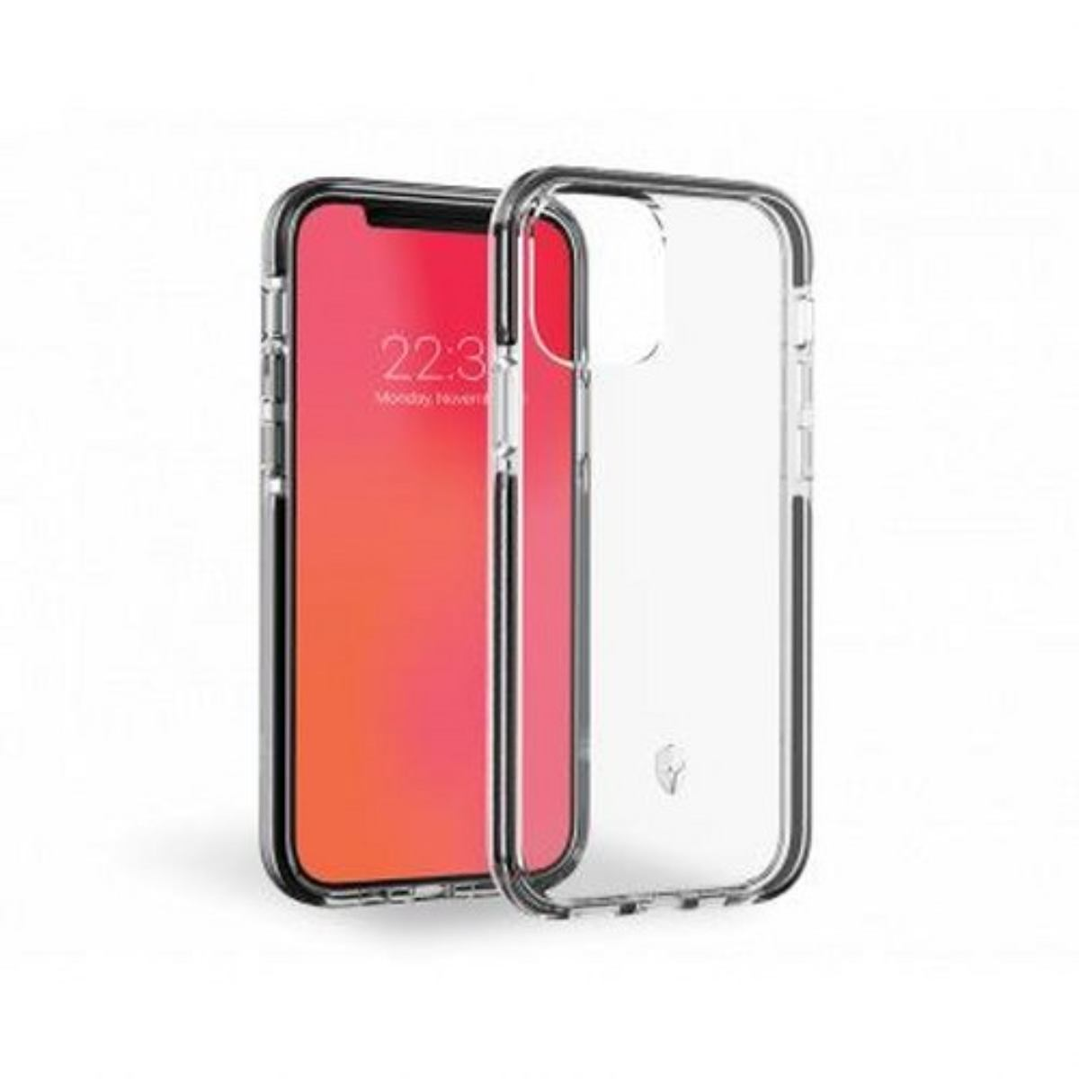 Telefono con schermo rosso all'interno di una custodia trasparente. Sfondo bianco.