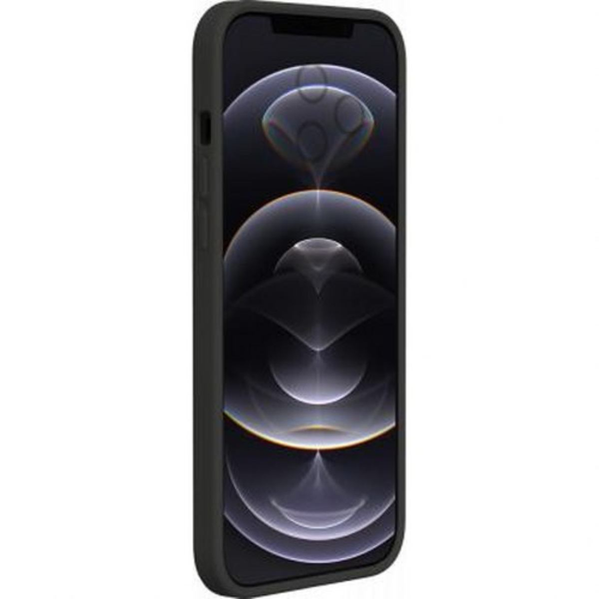 Telefono nero con custodia nera. Sfondo scuro.