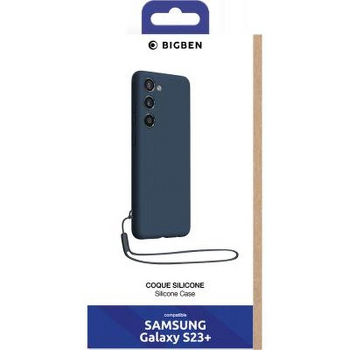 Custodia blu per telefono, con cordino e informazioni sul prodotto su una scheda.
