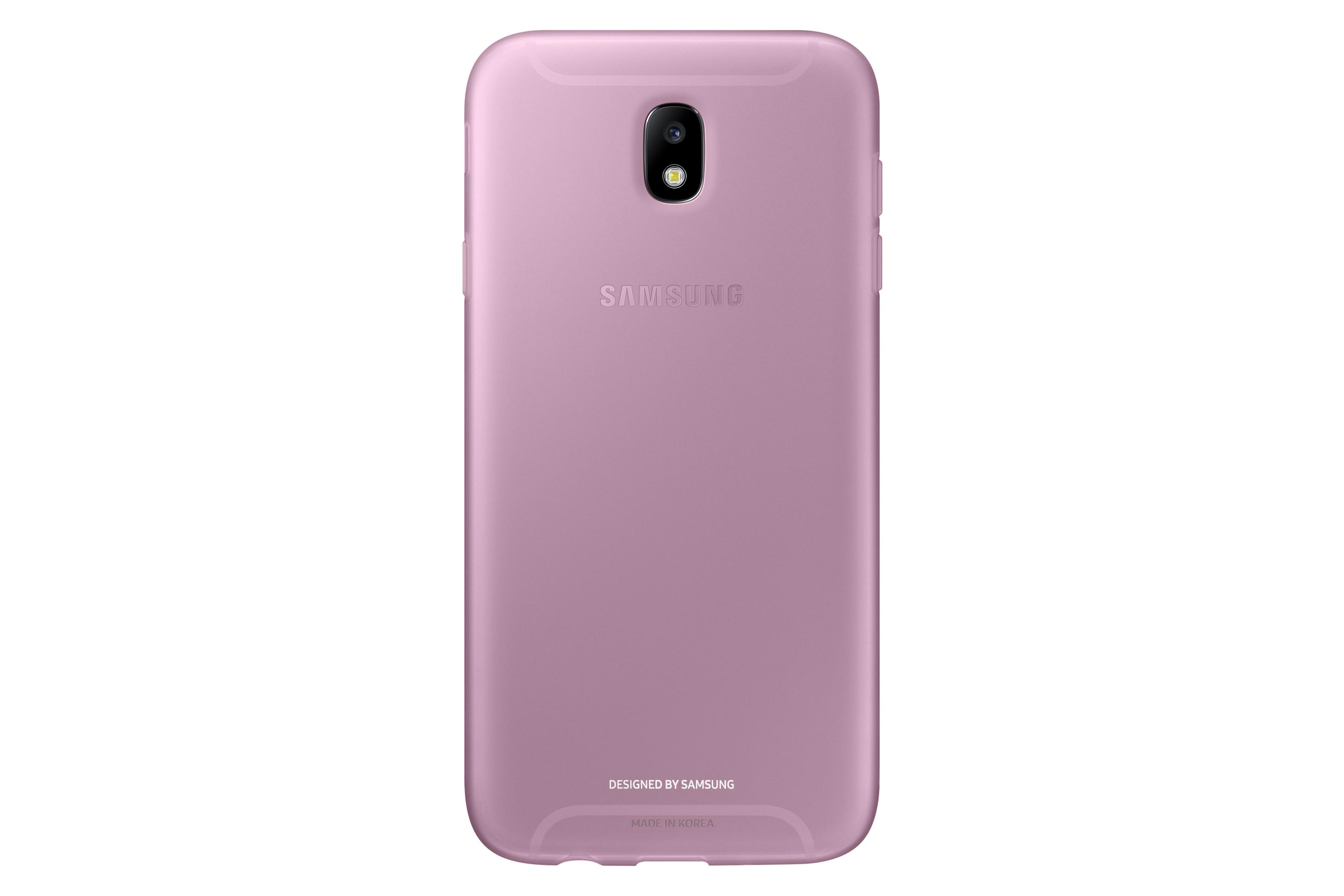 Funda de teléfono rosa. Parte trasera muestra el logo de Samsung y texto Designed by Samsung, fondo blanco.