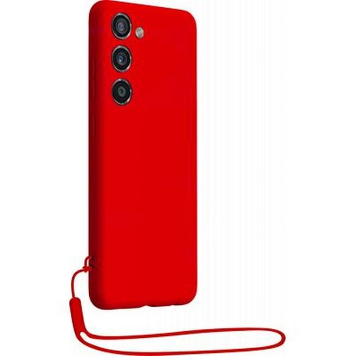Custodia rossa per telefono con cinturino da polso. Tre obiettivi visibili.