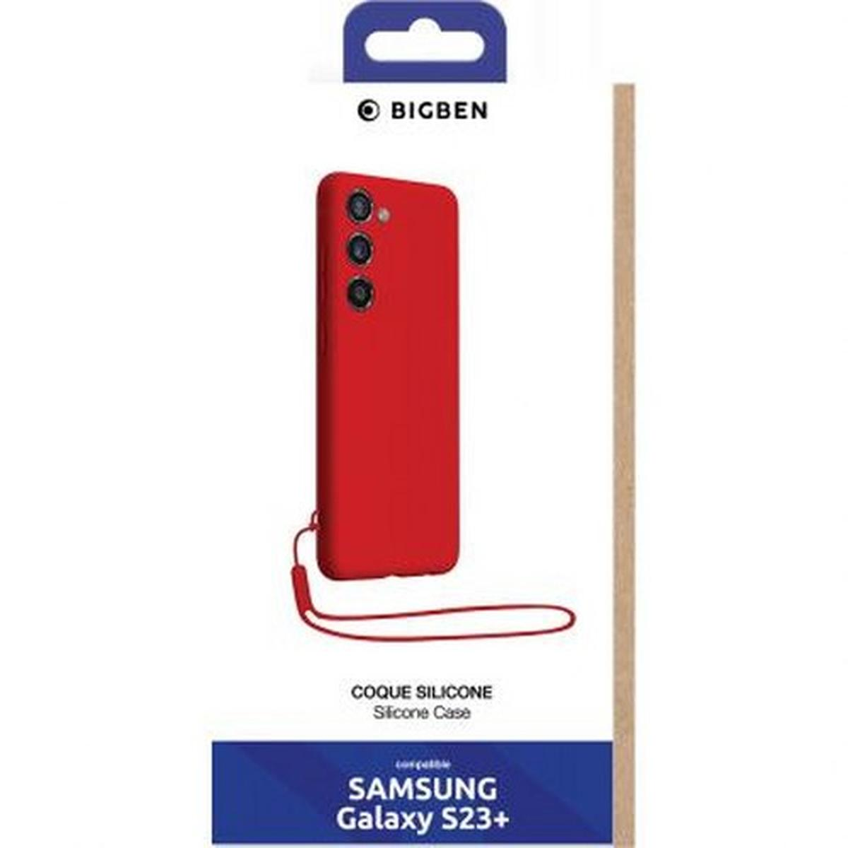 Custodia rossa in scatola. Testo: Silicone Case, Samsung Galaxy S23+.